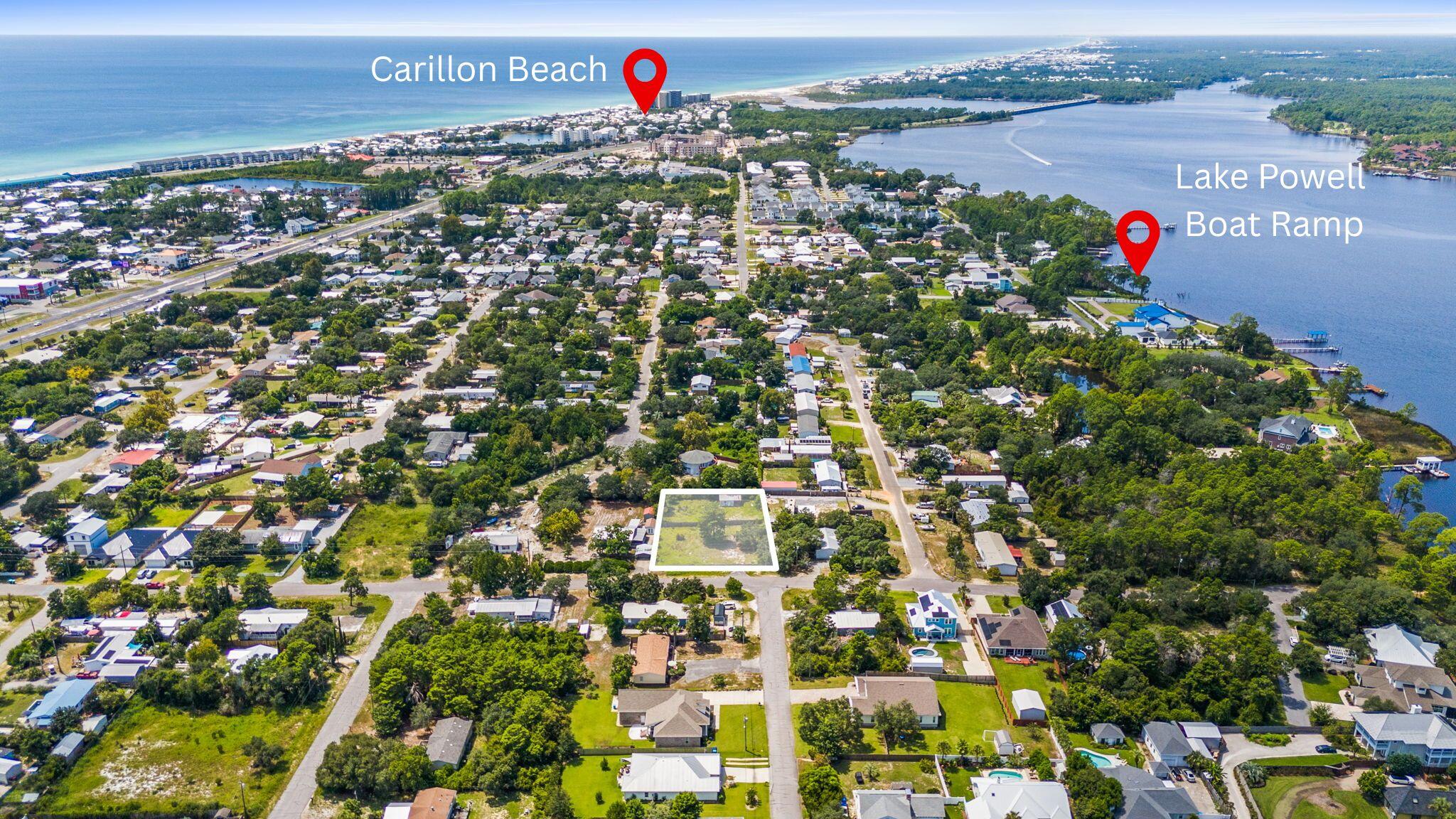 Rare west end opportunity! This oversized 120' x 182' lot (nearly half an acre) with no HOA offers the flexibility to build your private coastal retreat or subdivide into two or three home sites. Tucked into a quiet neighborhood yet just minutes from the Gulf, this property is ideal for a primary residence, vacation getaway, or short-term rental investment. Enjoy the best of the beach lifestyle with easy access to the Lake Powell boat ramp and multiple public beach accesses, plus close proximity to 30A, Inlet Beach, Rosemary Beach, Pier Park, dining, and shopping. With land availability shrinking on the west end, opportunities like this are few and far between, making 627 Gainous Drive a prime choice for homeowners and builders alike.
