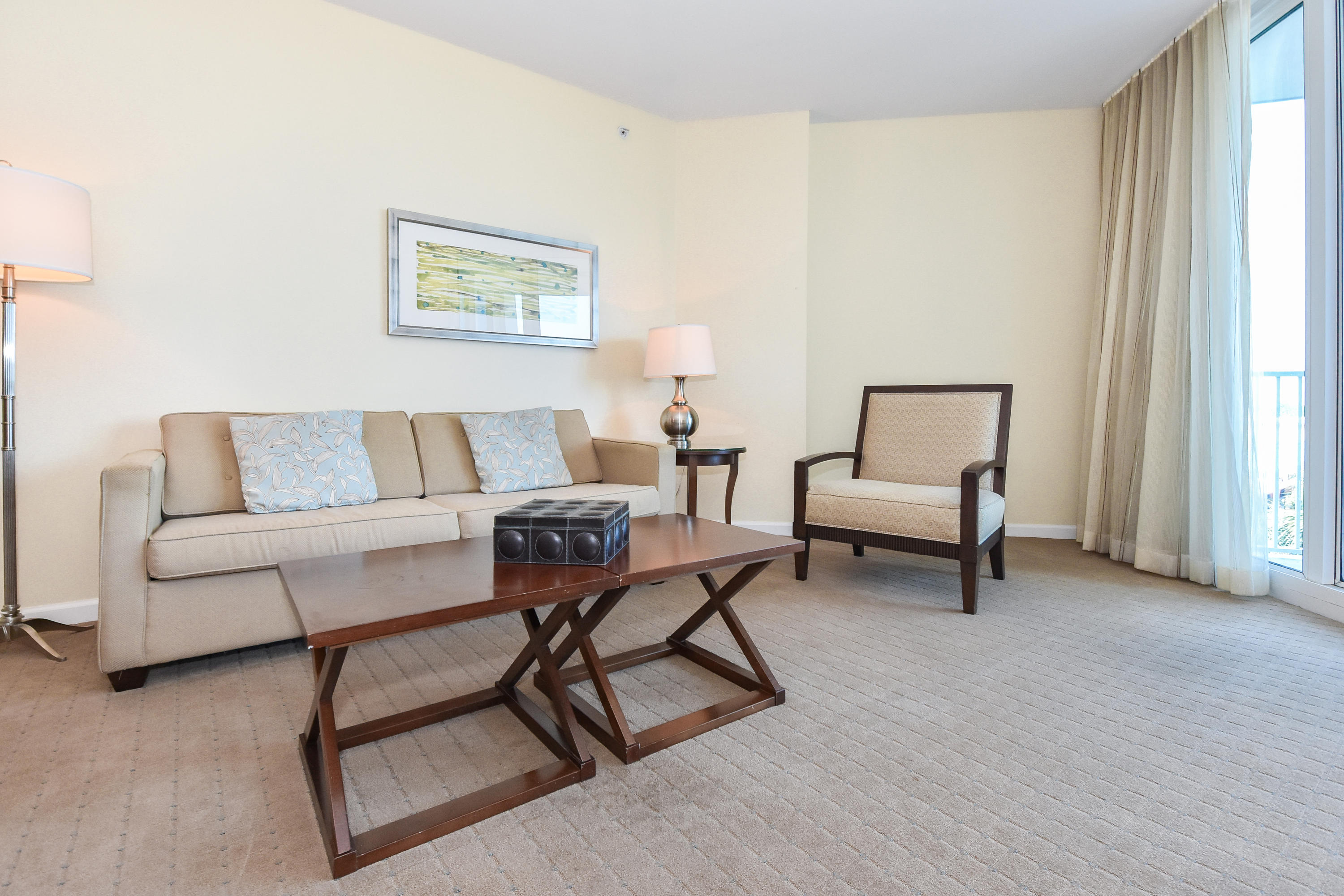 This two-bedroom junior suite 4th floor condo offers an open concept living and dining area, as well as a private balcony looking over Henderson Beach. The lagoon pool and water features are the resort's crowning attractions. Onsite amenities include multiple pools with waterfall features, a hot tub, playground, fitness center, and tennis and basketball courts. Also, newly added, is an on-site restaurant offering lunch, dinner, room service and even in-season poolside service. Shuttle service to the June White Decker Public Beach access is offered in-season. All utilities are included in HOA dues  water, sewer, electric, cable, WiFi, phone, trash! Excellent opportunity for a vacation rental, second or primary home.