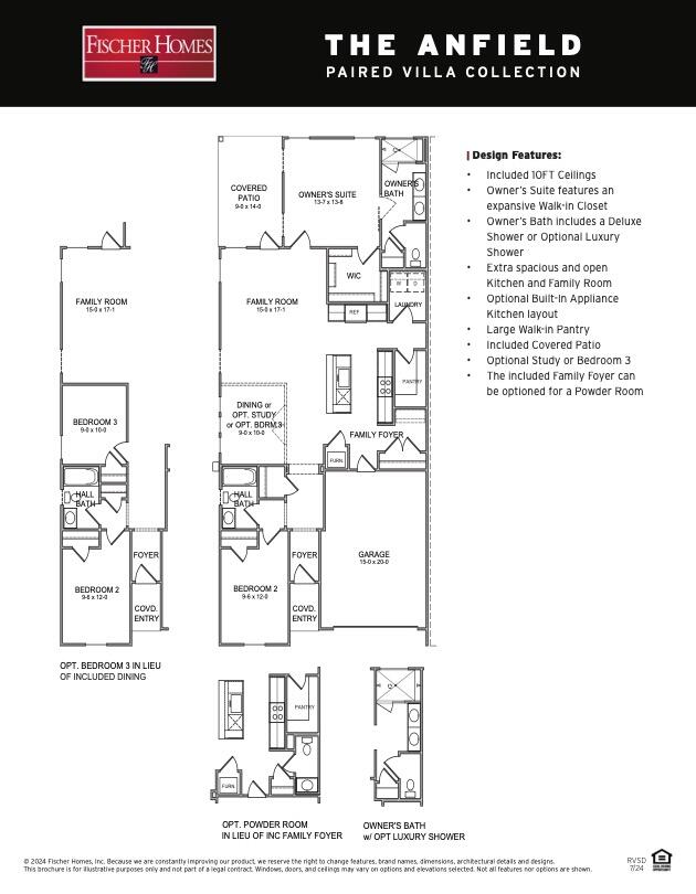 Welcome to the Anfield by Fischer Homes, a paired patio villa offering 1,442 square feet of single-level living in the Longleaf Park neighborhood of Watersound Origins, set on a homesite with a wooded view and estimated for completion August/September 2026.

This 2-bedroom, 2.5-bath home features a functional layout with a spacious kitchen, dining, and family room that opens to a covered rear patio, creating an easy indoor-outdoor flow. 

The kitchen is designed for both everyday use and entertaining, featuring quartz countertops, full overlay painted cabinetry with a contrasting island, pot and pan drawers, sliding trays, and a built-in appliance package including wall oven, microwave, 5-burner cooktop,  canopy hood, and refrigerator. The optional powder room just off the family foyer adds convenience for guests.

The owner's suite is privately positioned at the rear of the home and includes a large walk-in closet and a luxury bath with a tiled shower featuring a built-in bench, dual shower heads, and European frameless glass enclosure. A secondary bedroom and full bath are located toward the front of the home, offering comfortable space for guests.

Additional features include plank flooring throughout with no carpet, tile flooring in the owner's bath, 10-foot ceilings, 8-foot interior doors, craftsman-style trim with 5 ¾" baseboards, a tankless water heater, upgraded windows for enhanced natural light, and an oversized one-car garage with attic storage and pull-down stairs.

Each home is constructed with a structurally independent design and separated by a 2-hour fire-rated wall assembly for added privacy.

Enjoy low-maintenance living with access to Watersound Origins amenities, including the Origins Golf Course, resort-style pool, sports courts, and more.