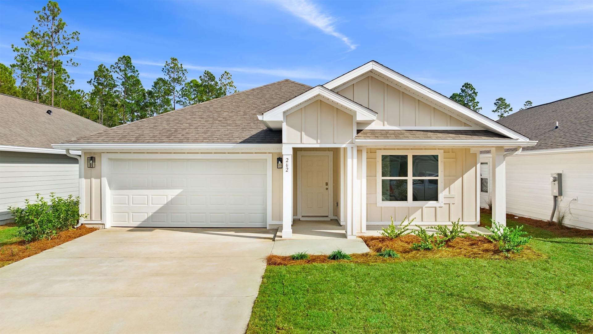 Welcome to 262 Eunola Lane, a new home at Ashton Park Phase III in Freeport, Florida. This home is ready for move in. Entering this home through a covered entry and porch perfect for an outdoor seating area for your afternoons or a morning coffee. Step into the light-filled foyer that effortlessly flows into the heart of this inviting 4-bedroom, 2-bathroom home. Off the entry hall, you will find two generously sized bedrooms, each with its own large closet, separated by a shared full bathroom. The third guest bedroom is located off a hall with laundry room offering a private retreat for guests or a functional home office or den.
