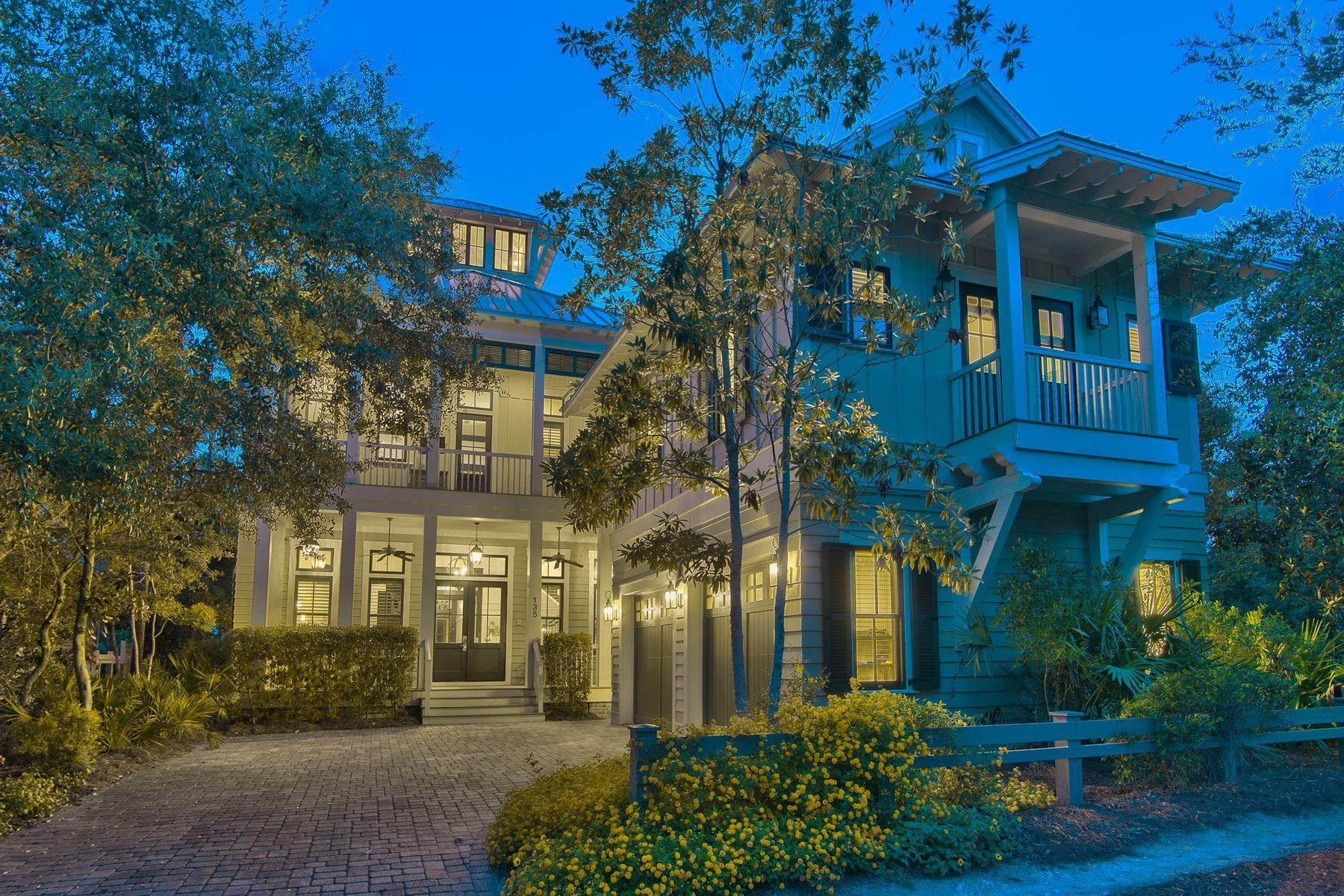 Unparalleled lake front positioning juxtaposed exemplary architectural detail define this private oasis primely located on an oversized corner lot in the heart of Phase III Watercolor. This well maintained beachside retreat is prominently situated on 50' of prime frontage offering a coveted southwest orientation on Western Lake yielding sunset vistas and ample privacy. Notable architectural elements rendered by TS Adams design include an impressive three story vertical footprint crowned by a fourth story panoramic viewing tower allowing 360 degree views over Western Lake and Watercolor. Notable features include ample covered and screened porches, spacious private pool and surrounding pool deck, optimal living quarters including a detached carriage house complete with full kitchen, living room, bedroom and ensuite bathroom. The open floor plan is immediately realized upon entry with a spacious foyer highlighted by a wall of windows and a beautiful wrap around staircase adorned with rich hardwood flooring accentuated by recently painted dove white walls and ceiling. The first level offers three spacious bedroom suites including the oversized master bedroom complete with direct access to the rear screened in porch and pool deck as well as a sprawling ensuite master bath offering a walk-in steam shower, soaking tub, dual vanities and a private water closet. The inverted living plan takes full advantage of gorgeous lake views from the second level chef's kitchen and open living/dining room which characterizes the exceptional open layout of this home. The chef's kitchen is complete with hand milled custom cabinetry, stainless Dacor appliances including a six burner gas range and double oven as well as a massive center island offering counter height seating and ample space for entertaining. The oversized living room flows seamlessly to a screened outdoor living space which is anchored by a masonry fireplace and allows for western oriented sunset vistas over the lake. The second level also offers a full bedroom suite, office space and a scullery adjacent to the dining area complete with a Thermador built-in coffee station, sub zero wine cooler and ample prep/storage space. The third level offers a secondary living room and adjoining bedroom suite which has been converted to bunk beds as well as a full bathroom and direct access to the fourth level tower. WaterColor is located in the heart of 30A just north of Seaside and Seagrove Beach. This home is enhanced by the new urbanism lifestyle it offers with close proximity to shops in Seaside town center, the boathouse with direct access to Western Lake, restaurants and local entertainment as well as the white sand beaches and emerald green waters of the Gulf of Mexico.