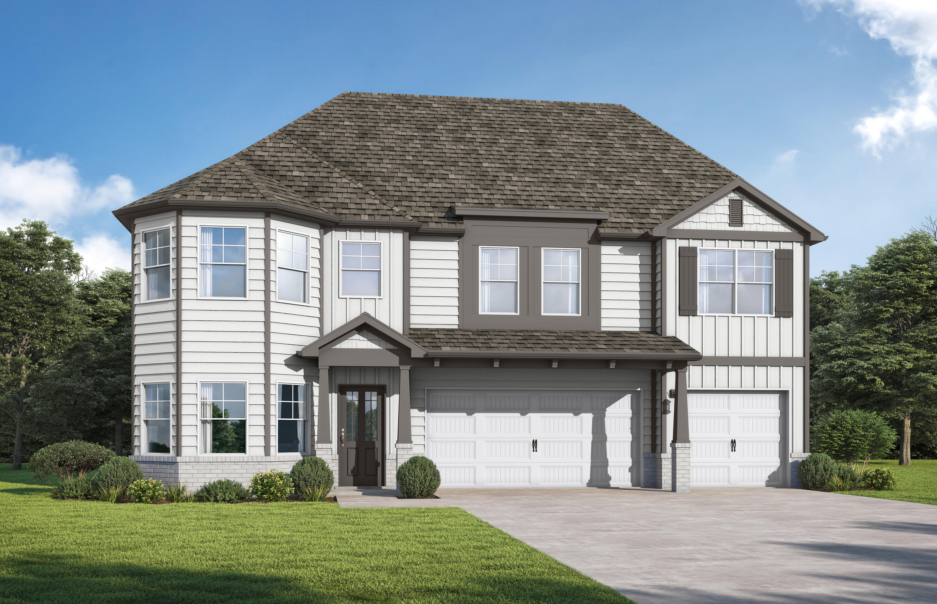 Welcome to The Laurel. From the beautiful exterior with bay windows, enter the 2 story foyer. The dining room w/coffered ceiling opens conveniently to the eat in kitchen & flows seamlessly into the dramatic 2 story family room w/fireplace. Enjoy all the natural light cascading inside from the multitude of windows across the back of your home. As you make your way upstairs you experience the spaciousness of the home design. The primary suite has a separate sitting area featuring bay windows & the perfect bathroom to relax & rejuvenate. The 2nd floor has 3 additional bedrooms, 2 full baths & a loft. One more bedroom & bath downstairs. Covered porch, 3 car garage. Brand new floor plan! Bear Creek is a gated community with brand new amenity center, gym, playground, tennis, pickleball,  and basketball courts.