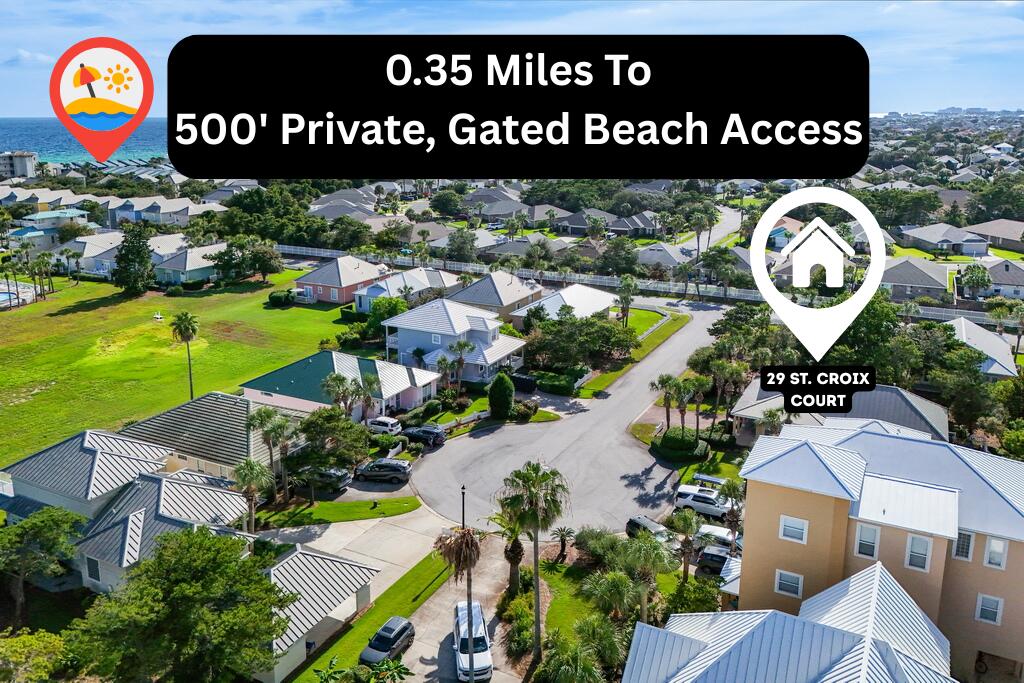 29 St. Croix Court is a lovely little cottage located in the gated community of Maravilla that boasts premium amenities and low HOA fees as well as a back gate that gives direct ingress/egress to Highway 98 - a rare convenience that only a handful of communities in Destin or Miramar Beach can offer. This home has access to 500 feet of gated beach access, a beautiful pool, and tennis courts. It also has a 2019 water heater and 2018 HVAC system, and it sits on a quiet cul-de-sac with less than 10 homes. The home backs up to HOA owned green space, so you'll always have an increased level of peaceful privacy. It also has 10' ceiling height throughout, a walk-in laundry room, and nearly 800 feet of additional outdoor square footage. 29 St. Croix Court has an open floor plan that maximizes its entertainment and living space and compliments its square footage, and the wrap-around porch that covers most of the exterior as well as a sizable 20'x10' back deck provide an additional 790 feet of square footage under roof and a comfortable outdoor area that's reminiscent of true Old Florida living. The master bedroom is exceptional, its 16'x14' footprint is complemented by a walk-in closet and an attached bathroom suite with his-and-hers dual vanities as well as a walk-in shower. The master bedroom also has access to the 20'x10' back deck that is positioned along HOA-owned green space providing a quiet retreat for owners and guests alike. The primary guest bedroom is also an impressive 11'x10' with its own walk-in closet. 

Nearby Highlights:
500 feet of Private Beaches (0.35 miles)
Destin Commons (2.7 miles)
Silver Sands Premium Outlets (2.9 miles)
Grand Boulevard Commercial Complex (5.3 miles)
Big Kahuna's Waterpark (5.6 miles)
Destin Harborwalk (7.7 miles)
