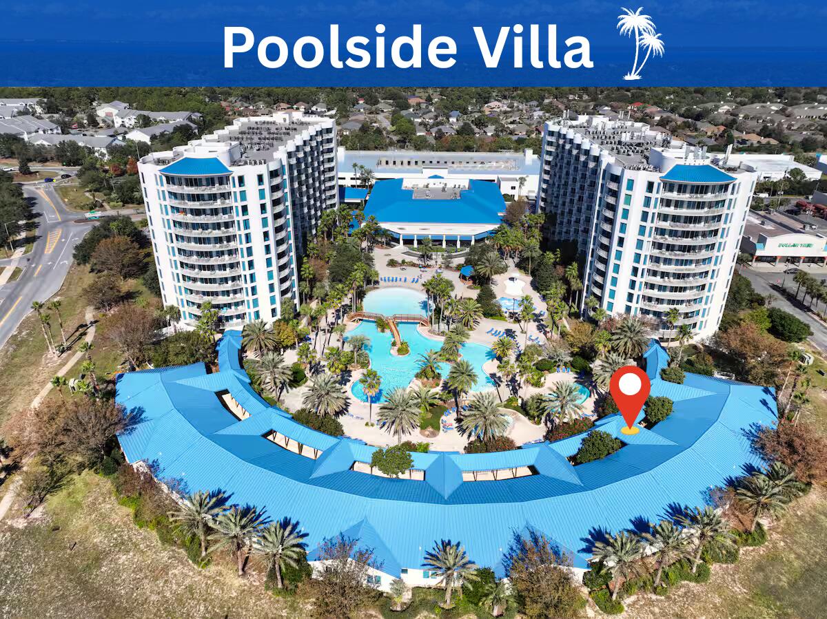 One of only 14 Villas! Out of 416 units at The Palms of Destin, just 14 are Villas. Own this rare, poolside Villa—fully furnished and turn-key ready for rental income just in time for summer. Steps from lush tropical landscaping and the stunning 11,000 sq. ft. lagoon pool. New HVAC, Commercial Hot Water Heater, & glass door rollers. Enjoy10 ft. ceilings, nearly 1,400 sq. ft. of open-concept living with walk-in/walk-out access, lagoon views, and 5-star amenities. Features include a spacious master suite with ensuite bath, separate laundry room, and double sliding doors. The Palms offers an on-site coffee house, restaurant, tiki bar, gym, new grill area, pickleball, tennis, and basketball courts.