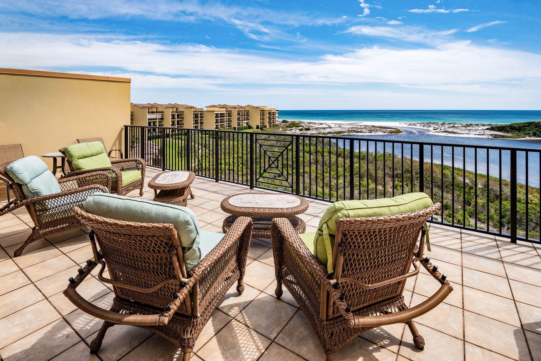A true sanctuary in the heart of blue mountain beach, this Sanctuary By The Sea top-floor residence offers unparalleled privacy and luxury overlooking the Big Redfish Lake and the Gulf of Mexico. The first floor features a gulf front master suite with balcony access, open living and dining with a convenient wet bar, an extremely spacious gourmet kitchen with Viking appliances and granite countertops, two additional bedrooms, a large laundry room along with a powder room. The true master suite encompasses the entire second floor and flows out onto a private balcony perfect for morning coffee, sunbathing or watching the sunset over the water. Sanctuary By The Sea offers world class amenities including multiple pools, a state-of-the-art exercise suite, virtual golf, enviable beachfront, lake access and more. Supermarkets and shops are plentiful nearby and local restaurants range from seaside oyster bars to upscale southern cuisine.