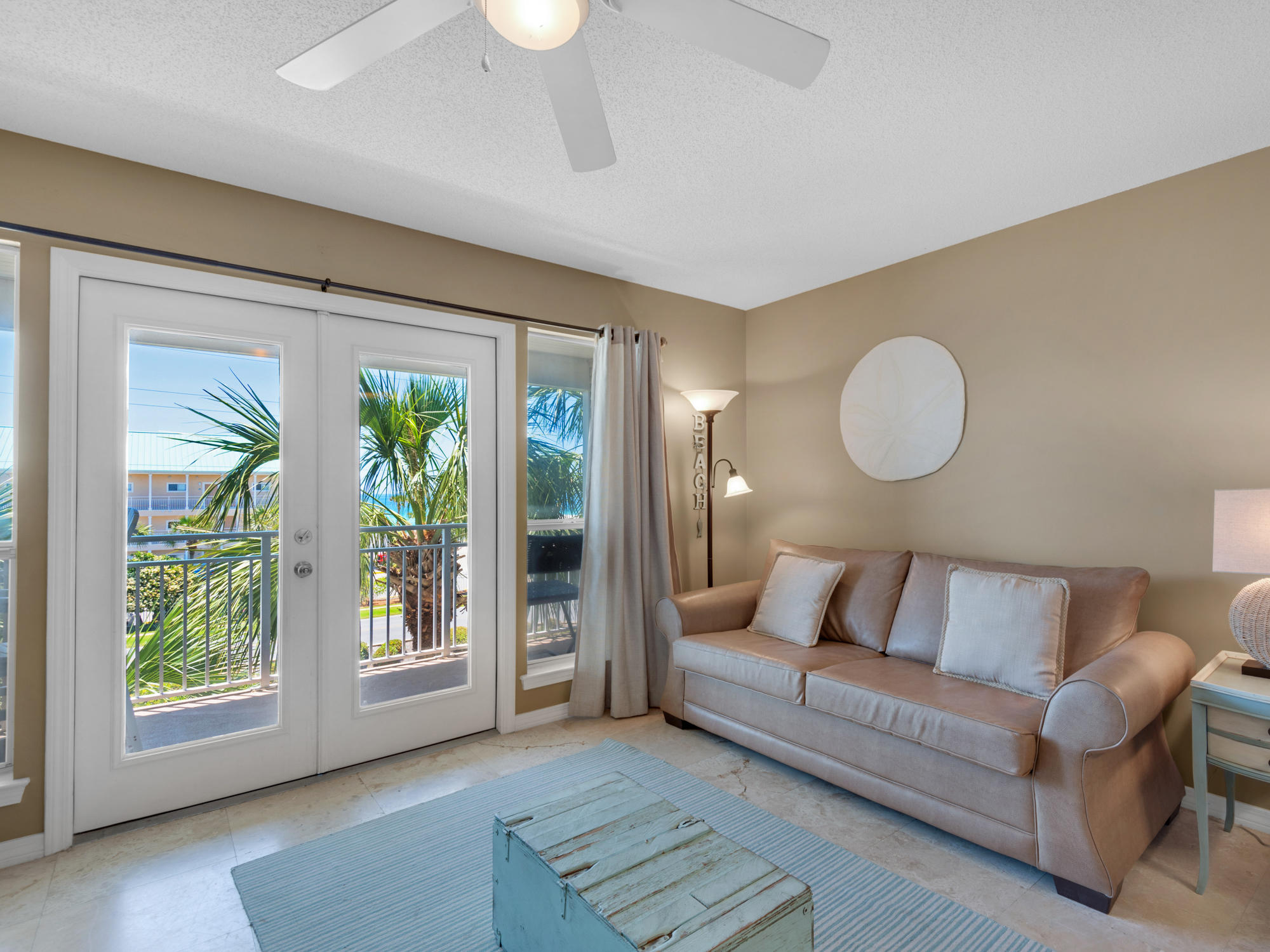 Enjoy the lovely view of the Gulf of Mexico from you private balcony. Just steps to the beach. Tile floor and stylish decor make this condo a great place to vacation or $$$ rent out. Sleeps 6 thanks to the hall twin bunks and the sleeper sofa. Open floor plan and fully furnished. New stackable washer/dryer located in hallway closet also included.  Seasonally heated swimming pool, hot tub, and community grill. Located on the Scenic 98 bike path you can walk or ride bikes to many great restaurants and attractions. Buyer to verify all information.