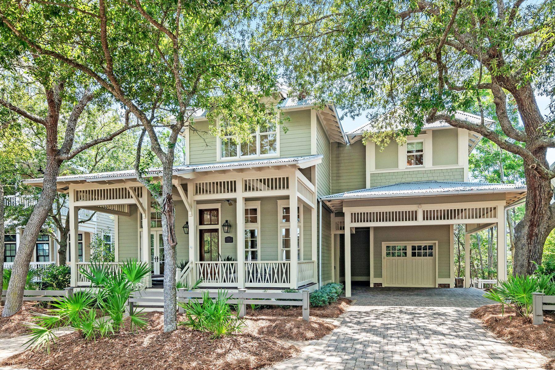 Priced at almost 20% below the average square foot price of all listed homes in WaterColor, this home is waiting for buyers that fit many profiles. Never rented and owned by only two families it has been beautifully maintained and recently updated with interior painting, furnishings and an updated kitchen with top of the line appliances. With four king bedrooms and a six bed bunk room - all with ensuite baths, this home will sleep 14 with two additional flex rooms and a full bath. The home has primary suites on the first and second floors. It is situated steps from Camp Watercolor yet located overlooking peaceful views of natural landscape and sunset views from very generously sized porches. Sold fully furnished this home is move-in ready. Drawings for pool available. Two additional bonus rooms with access to a full bath allow more options.  Located steps from Camp WaterColor, sunset views from huge porches and plans for a pool, this home has it all