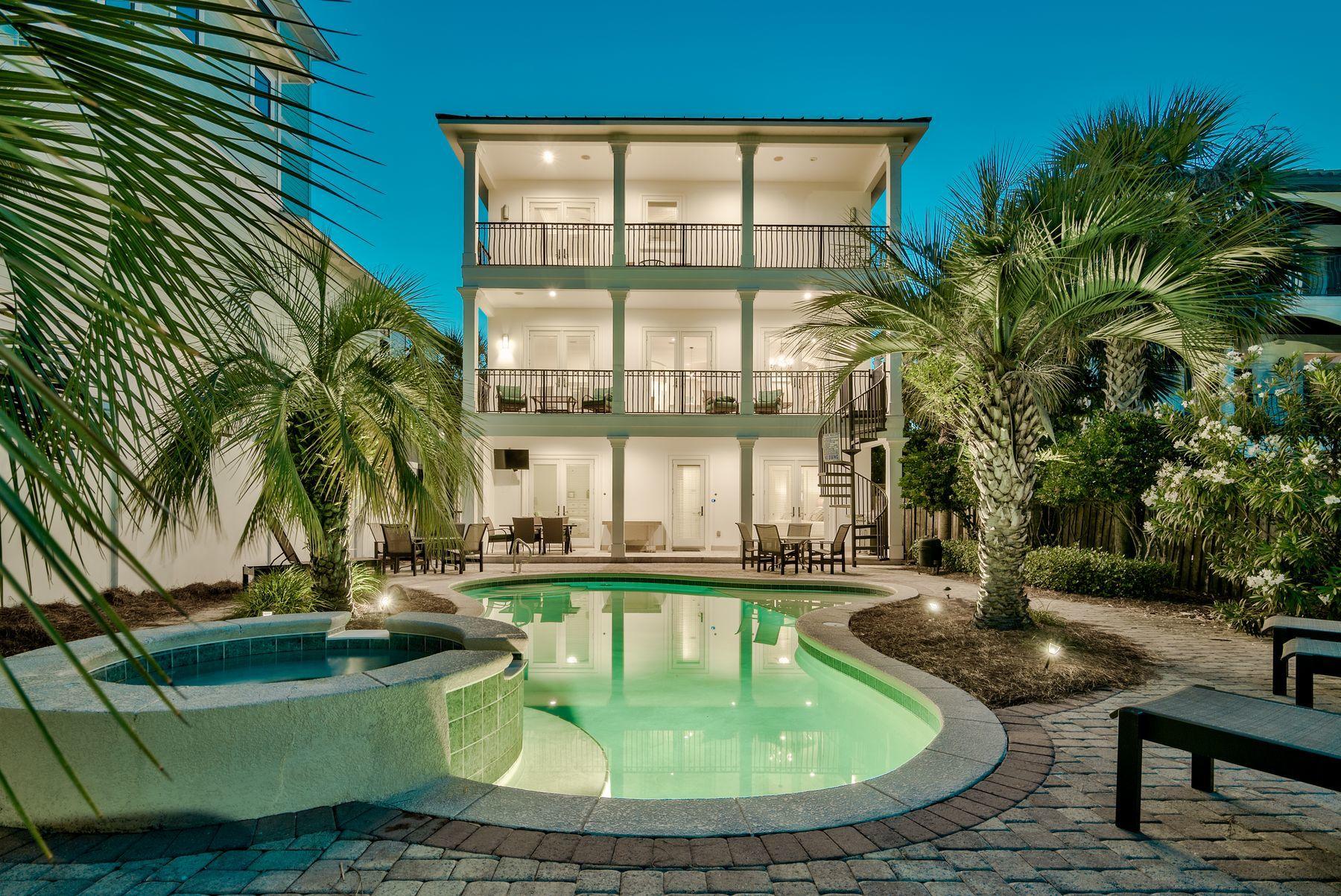 Experience this stunning resort-style rental machine optimally located near exclusive gated beach access within the heart of Frangista Beach. This incredible property features over $120,000 in recent upgrades; notable improvements include fresh interior and exterior paint as well as designer furnishings. This property is a rental magnate with over $190,000 in projected annual income and a solid rental history prior to being updated. Notable features include a private elevator, massive lagoon style pool with tiki bar and adjoining summer kitchen, gulf views from the second and third floors as well as ample living space perfectly functioned for entertaining. The layout is extremely open with living spaces outlined on each level of this three story home. The kitchen and living room are ideally located on the second level and feature beautiful granite countertops, stainless steel appliances as well as a wood look porcelain tile floor that is carried throughout the main living areas. The living room opens to a spacious wrap around balcony that spans the entire width of the home and features convenient spiral staircase access to the rear deck. The third floor master suite is extremely private and features a gulf view, private balcony as well as a large on-suite master bathroom complete with travertine accents and dual vanities. This home is an excellent rental property or second home with close proximity to beach access and all of the exceptional shopping, dining and entertainment that Miramar Beach has to offer.