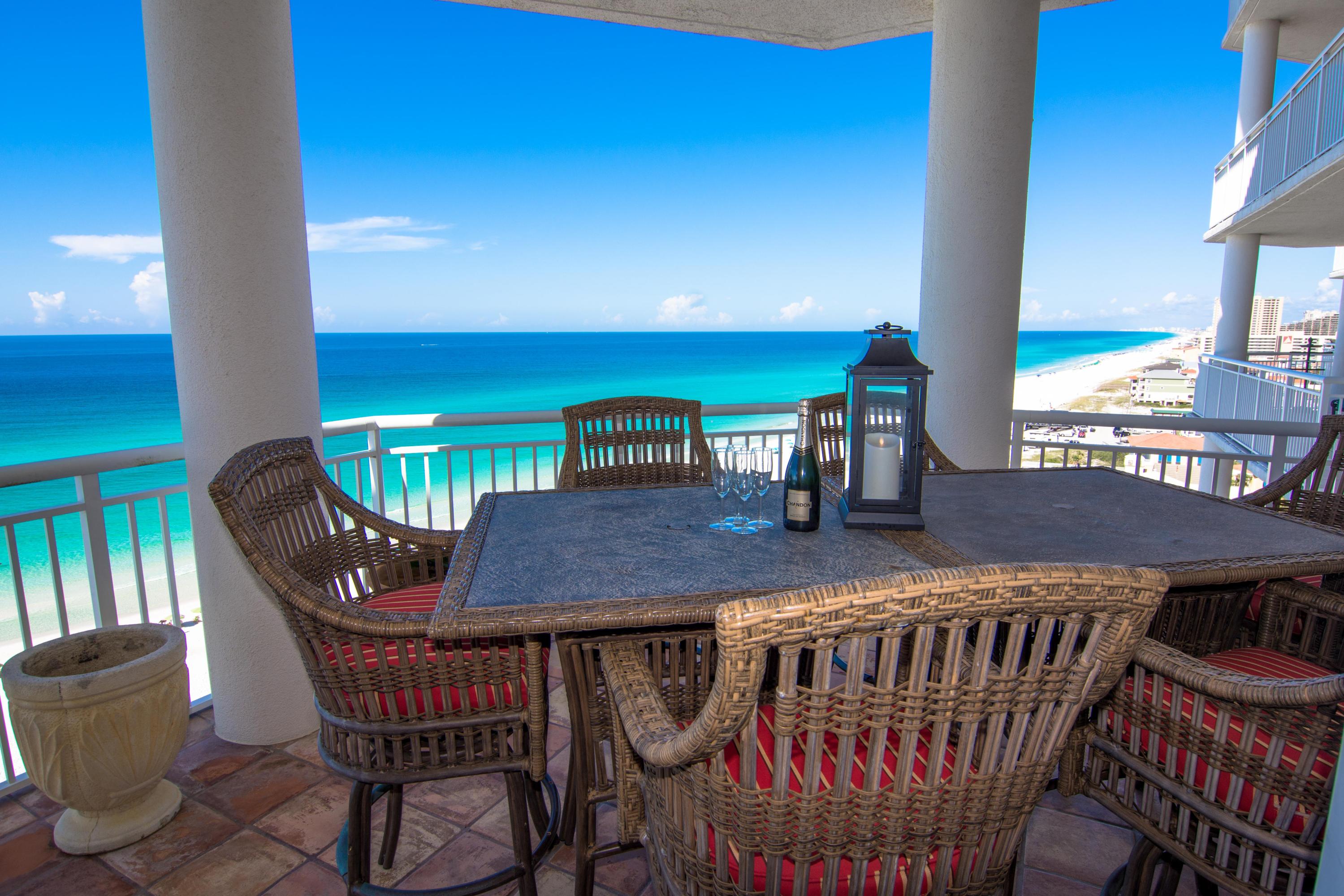 This Hidden Dunes Grand Villas condominium residence is the thing of which dreams are made - 2,000 square feet of seaside luxury with a toes-in-the-sand location which conjures up images of sun-splashed days of swimming, biking and relaxing. Perched perfectly above the Gulf on the prime 9th floor with panoramic Gulf views at nearly every window and Bay views from the guest bedroom. An expansive terrace is accessed from the living room and master suite providing the ultimate alfresco living and entertaining environment and includes a built-in barbecue grill. This condo encompasses three bedrooms and three bathrooms including a grand-scale, Gulf front master suite. The kitchen has stainless steel appliances, double oven and pass through window with amazing Gulf views. Grand Villas is a rental restricted building providing the ultimate in privacy and security with a separate security gate. The Hidden Dunes Resort is a 27 acre Gulf front resort with 6 lighted rubico tennis courts with Tennis Pro and professional staff, seasonal tram service, 24 hr. security, lighted basketball court , 4 pools, bbq grills, reflecting pools with flowing fountains and convenient to all the best shopping, dining, golf and spas the Emerald Coast is famous for.  Grand Villas is gated with parking, renovated lobby and common areas, fitness center, private pool and hot tub, large sun deck, beach showers, outdoor dining and high bar plus lush, tropical landscaping throughout.
**Owner is offering a $10,000.00 allowance for buyers choice.**