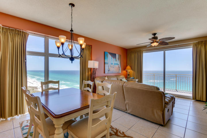 Corner unit at Sterling Reef! Gorgeous sunsets over the Gulf of Mexico from this 15th floor, 3bd/2ba, 1588 sq. ft. - End unit. The living area has panoramic ocean views, and each of the three bedrooms have Gulf views. The kitchen has granite countertops and an island open to living areas and ocean views. Conveys fully furnished and with fully equipped kitchen! Non-rental and in immaculate condition. Wainscoting in hallway and main living area. HVAC and hot water heater both replaced in the last 2 years! Sterling Reef amenities include a heated bi-level pool with connecting waterfall, fitness center overlooking the gulf, clubhouse with media room, video game room, movie rentals, sky BBQ terrace, and the convenience of covered parking in the same building. LOCATION, LOCATION, LOCATION!!!!