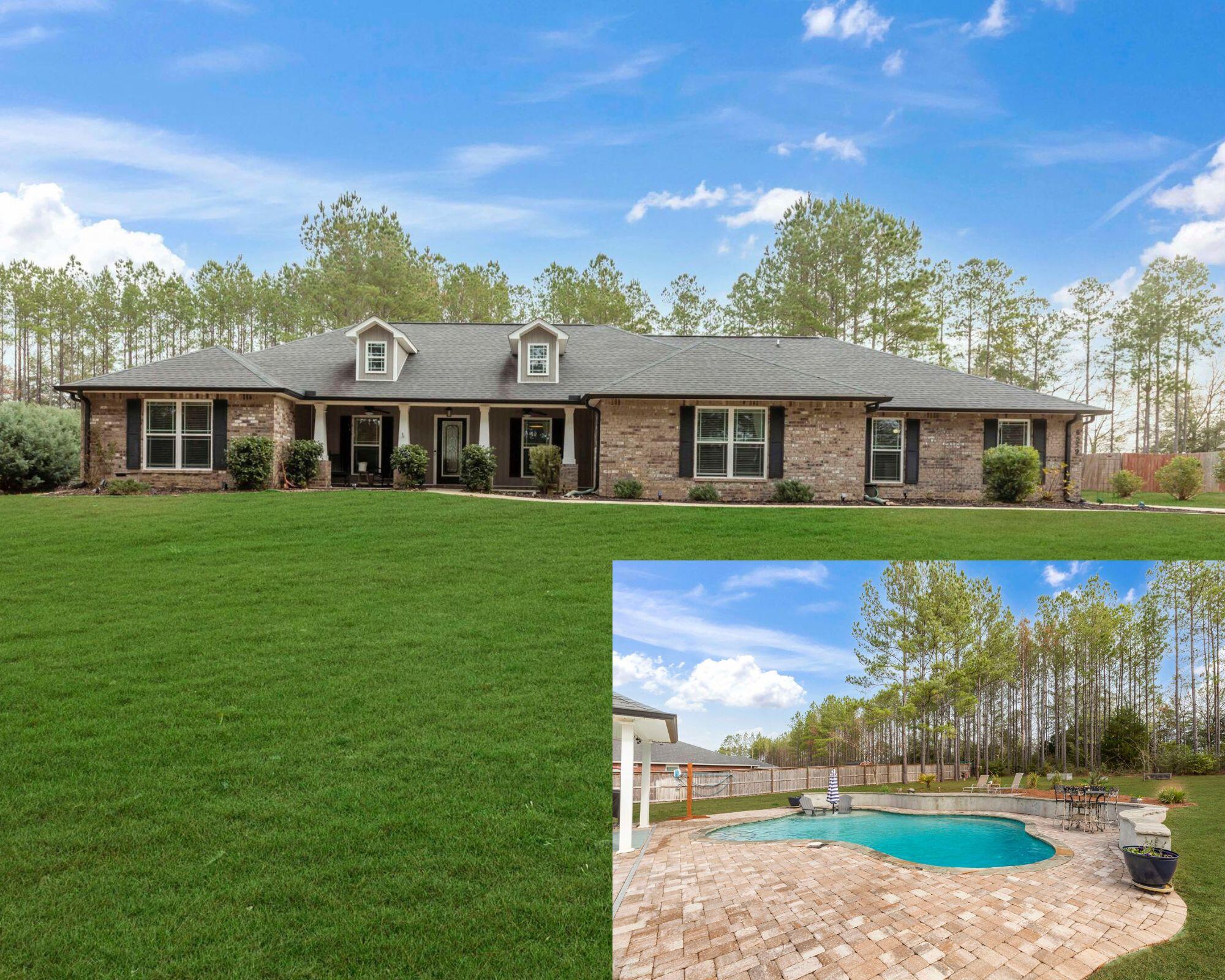 POOL HOME ON 1+ ACRE LOT IN YELLOW RIVER PLANTATION! Beautiful Craftsman style 4 bedroom 2 bathroom all brick home with 3 car side entry garage, huge yard, Gunite pool, and workshop. This floorplan is an open concept - split floorplan that buyers have come to expect. This beautifully maintained home offers multiple living spaces to enjoy. As you enter the home, you will find an office to the left of the foyer and a formal dining to the right. As you proceed into the home, you are greeted by a large living room with LVP flooring, ceiling fan & sliding glass door with access to the back yard. The massive kitchen offers granite countertops with island and separate breakfast bar, all stainless steel appliances (refrigerator, dishwasher, microwave, smooth top stove/oven), pantry and plenty of plenty of cabinet space. An oversized laundry room connects the kitchen to the garage, and can easily serve as a mudroom. The massive master bedroom with tray ceiling can accommodate a king bed and plenty of additional furniture. The master bathroom is complete with a double vanity, tile shower, garden tub, water closet, linen closet, and large walk-in closet. On the other side of the home, you will find a hallway that takes you to the three additional bedrooms and full bathroom. The front of the home boasts a large driveway with 3 car side entry garage with plenty of storage capacity, a large front yard with beautiful trees and landscaping, and 28x6 covered front porch perfect for those rocking chairs. The backyard offers you a slice of paradise with a beautiful Gunite pool with tanning ledge and pool depth to 5 feet. The pool is surrounded by a beautiful paver patio, accent wall with additional paver patio, and covered patio that is PERFECT for enjoying the Florida sunshine and entertaining your guests. The back yard also offers tons of greenspace, trees, and landscaping with room to store that boat or RV! The home offers a workshop/storage building, rain gutters, irrigation system and more... Yellow River Plantation offers nature trails, two stocked fishing ponds, picnic areas for residents to enjoy. Don't miss out on your on your opportunity to call this amazing home your very own. Schedule your showing today.