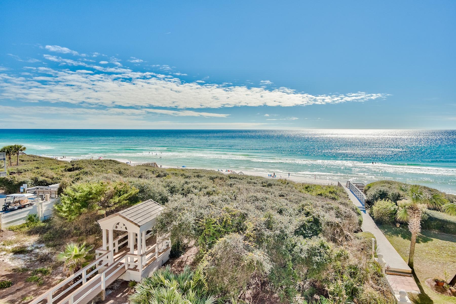 Updated gulf front Seagrove cottage with 57 feet of stunning beach frontage. With direct boardwalk access, meander through a secluded tree arbor atop a high dune. Below you'll find a quieter beach with plenty of room on the sand. A fresh updated renovation has just been completed for summer of 2022. All new furnishings and a coastal contemporary look make this a great family getaway on a quiet beach. Seaside is an easy bike ride. This convenient location is centrally located to all of 30-A. This delightful floor plan provides four bedrooms, which includes a bonus sleeper room. Immerse yourself in sensational Gulf views from the second floor living-kitchen-dining area. The third floor master suite and large master bath capture the sparkling white sandy beach below. On the first floor you'll find a bedroom and bath plus an entertainment room with wet bar. It provides easy access out to the beach walkover. A separate bedroom and large bath are also located on the first floor. Updates include: New roof, new furnishings throughout, new washer/dryer, new interior and exterior paint, New paver driveway and extra parking, new landscaping, new AC units.  Buyers to verify all lot and building information and measurements for accuracy.