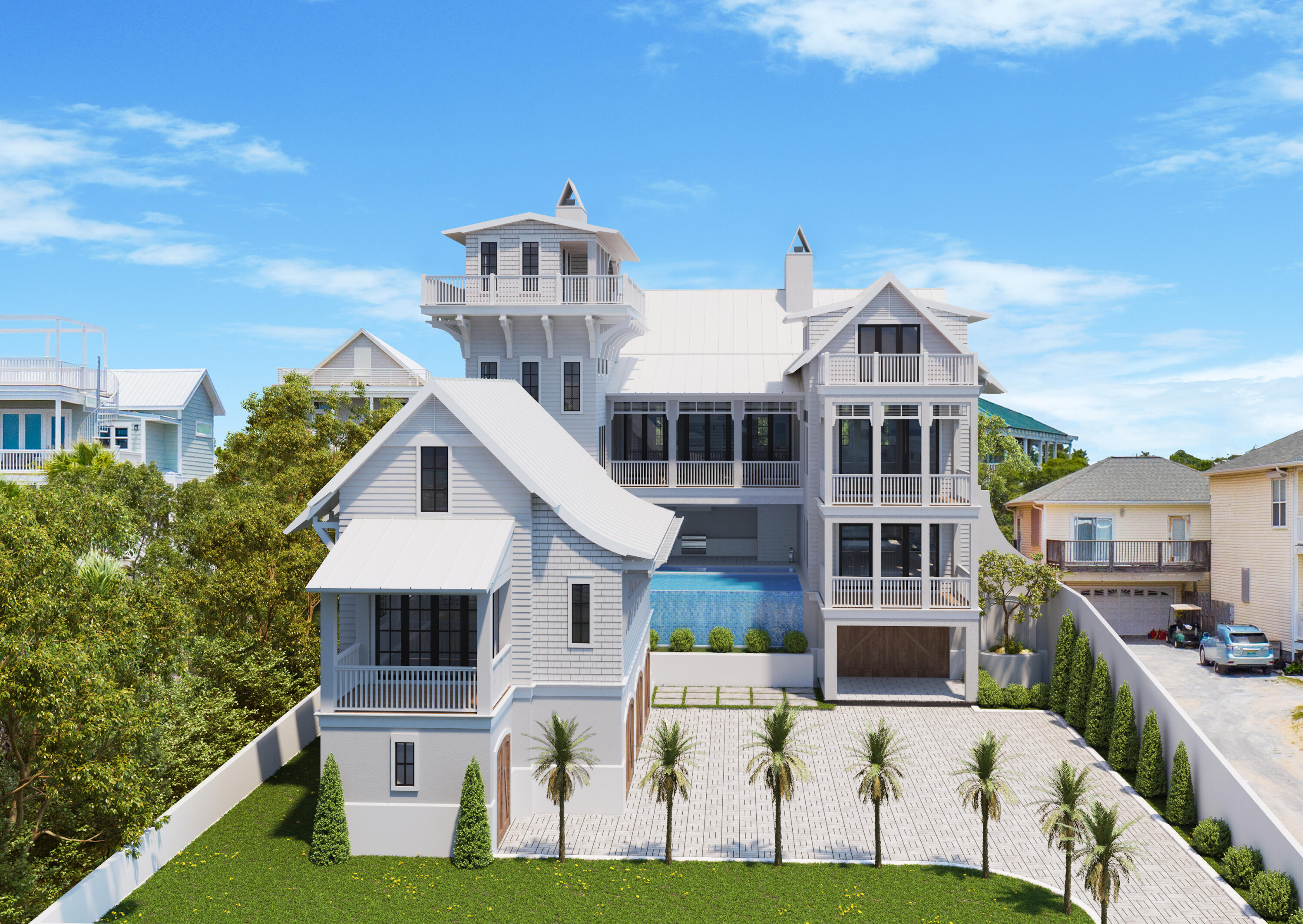 Offering the true epitome of luxury coastal living, this newly constructed edifice encompasses 9,800 square feet of meticulously planned living space designed by Zack Quinn Studios and executed by the renowned Fuller Brothers building team.

Boasting seven bedrooms with ensuites and two bunk rooms, this sophisticated estate is perfectly positioned to capture the covetable views of the white sugar sand and majestic turquoise hued waters. Echoing the soothing sound of water cascading down from the second level infinity pool, the stately front courtyard provides access to the oversized five car garage and grand entry foyer. An in-home gym area, wine cellar, and additional storage corridor complete the first level. Residing on the second level, the outdoor oasis is synonymous with relaxation incorporating a private pool and spa, sunning deck, and a fully equipped outdoor kitchen. Solitude can be found in the office area and library also situated  on the second floor in addition to a sitting area and two bedroom suites. The fully sufficient coach house above the garage complete with a full kitchen, bedroom suite, and laundry suite is also accessible from the second floor. 

Overflowing with grandeur, the main living area on the third level showcases the idyllic views and curated design experience featuring beamed ceilings and exotic mediums gleaned from a variety of different regions. The gourmet kitchen is a masterpiece with custom Fuller Brothers cabinetry, an oversized island with breakfast bar, butler's pantry, and professional appliance suite. The adjoining sunroom creates a continuation of the living area while effectively blurring the line between indoors and out, Two additional bedroom suites complete the third level. 

Nestled atop the roof line, the tower balcony is the perfect place to admire the renowned Emerald Coast sunsets which provide a new palate of mesmerizing hues each and every night. Servicing all floors, the elevator provides easy accessibility to all levels including the tower area. 

Bordered by thirteen acres of protected dunes, Inlet Beach continues to be one of the most sought after beach communities affording residents with a quaint coastal town flair while remaining geographically poised minutes from the town center of Rosemary Beach and all of the world class dining and entertainment venues 30A has to offer. Offering a culmination of unique and desirable amenities, 195 Walton Magnolia Lane creates a compelling opportunity for investors and full time residents alike. Inquire today to arrange a private viewing and start envisioning the coastal lifestyle you deserve.