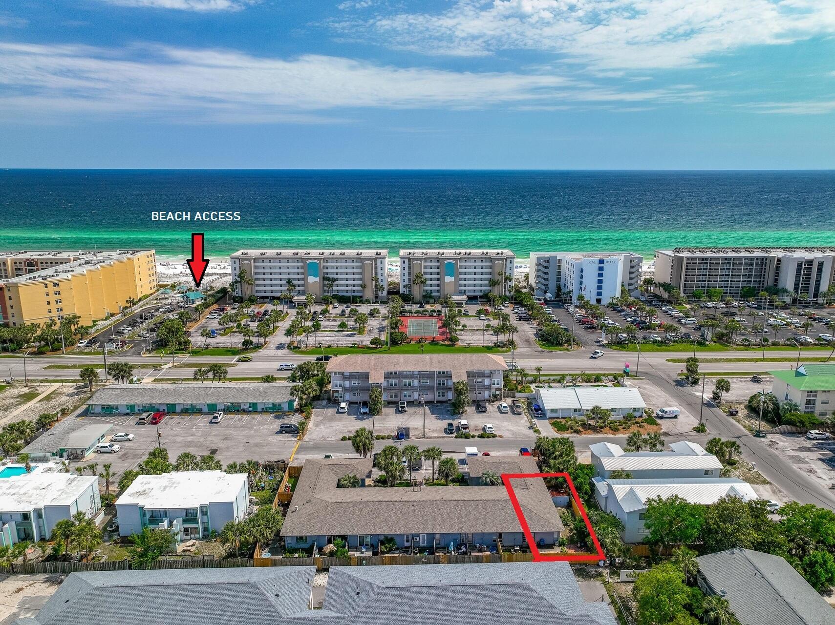 RENOVATED 2 BR W/GIANT, PRIVATE YARD & LOW HOA JUST 1 BLOCK TO BEACH ACCESS! Forget about elevators & crowded high rise condos, live the relaxed beach lifestyle you've always dreamed of AND have your own large, private backyard sanctuary.  Start your day with a long walk along the emerald waters of the Gulf of Mexico followed by a fun beach day & then finish the day dining al fresco entertaining friends in your private, backyard oasis. Offering a relaxed setting w/just 11 single-story units in the complex, this 2 BR, furnished unit would make a great primary, 2nd home and/or vacation rental.   LOW $300/month HOA covers exterior insurance, maintenance, roof, water & sewer. 5 yr roof, 4 yr HWH  & 7 yr HVAC provide peace of mind.  Beautiful new quartz counters & freshly painted cabinets interior walls & trim provide a fresh look.  The GIANT, 300SF MASTER could easily be converted to add an add'l bedroom or living area. Other features include laundry area & 2 assigned parking spots. Located less than a block to Blue Dolphin public beach access in the heart of Okaloosa Island, the sugar white beach, shopping & great restaurants are close by.