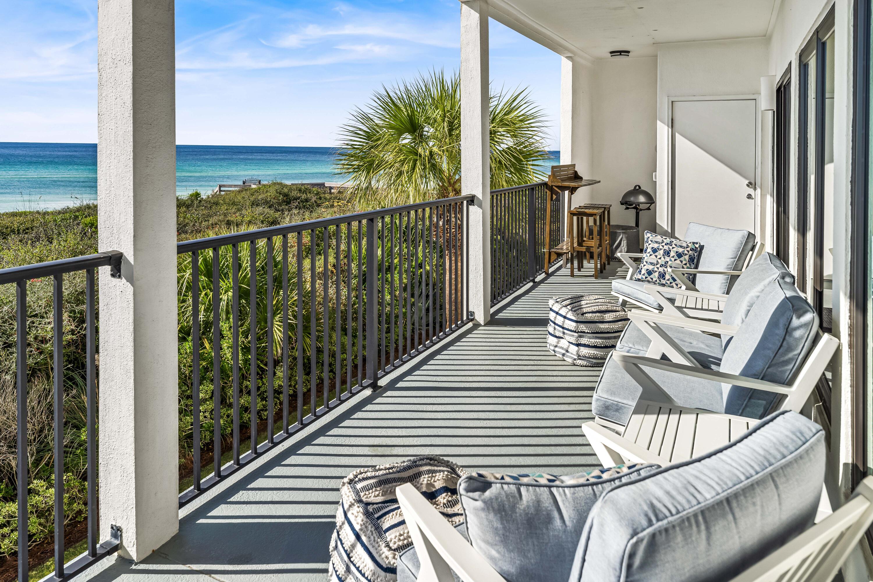 Welcome to paradise! The expansive gulf views from this perfectly situated corner unit are second to none. This offering presents a unique opportunity as homes in the highly sought after Palms of Dune Allen seldom come to market. Having undergone a fabulous complete renovation (including flooring, furnishings, light fixtures, HVAC system and hurricane windows), this owner occupied 3BR/3BA unit has new stainless appliances, quartz countertops and contemporary furnishings in a soothing, neutral color palette. Within walking distance to Gulf Place and several nearby restaurants, this gated 24 unit community offers a lovely beachside heated pool and easy access to a wide private beach. The wraparound balcony provides an excellent vantage point for watching wildlife in the mature dunes below. Thanks to Palms of Dune Allen's annual bonfire permit, you can even build your own private beach bonfire at the end of the day. This home is truly one of a kind and a rare find on 30a. Come see for yourself!