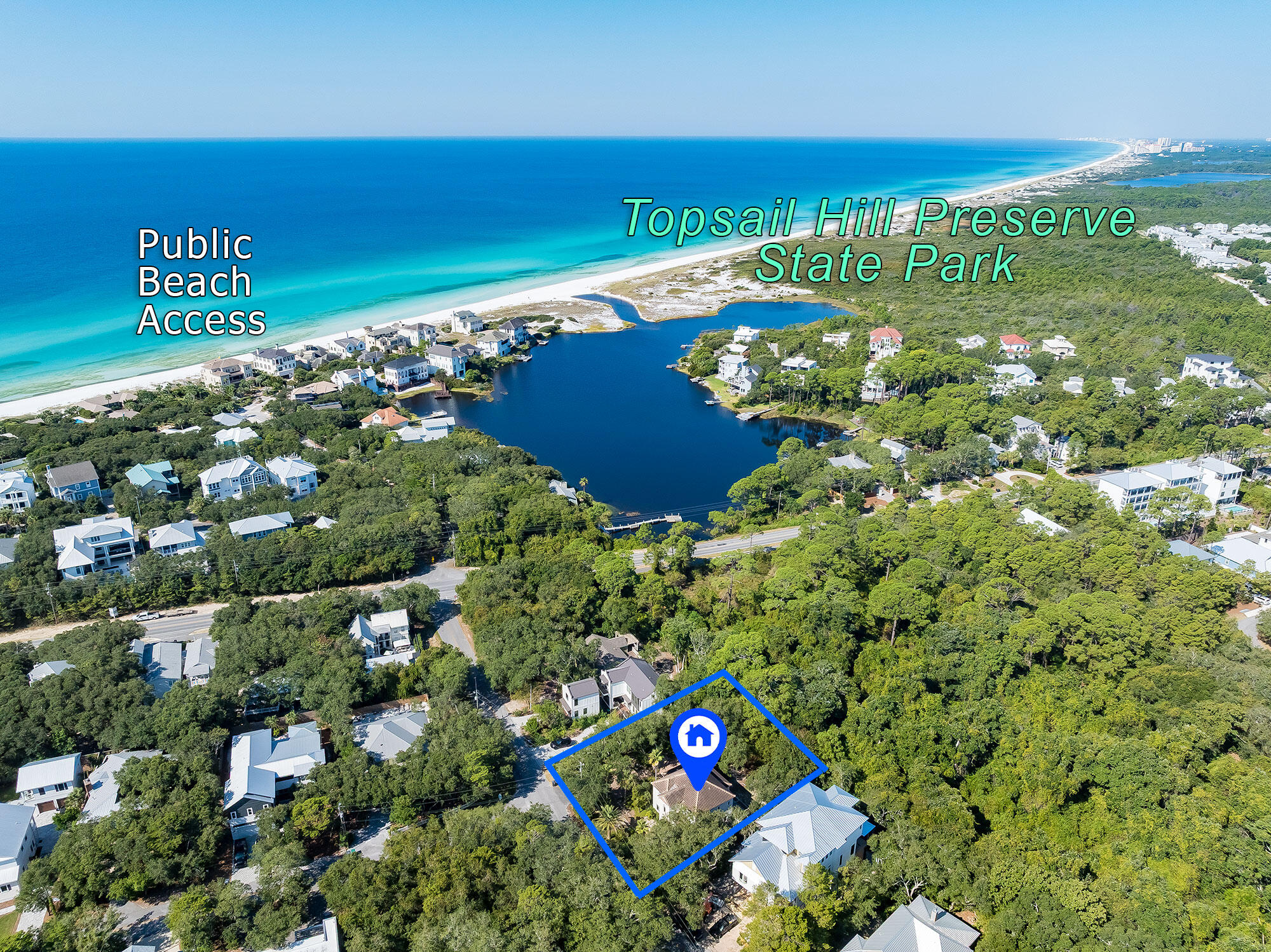TWO 70 x 140 LOTS (.45 ACRES). Lake and Gulf views from upper floors. One of the BEST locations on 30a. Easy walk to the beach and Topsail State Park (3-4 miles of natural Florida beach) access at the end of S. Bishop. Rear of property backs up to the tributary for Stallworth Lake - very private and westerly views for INCREDIBLE SUNSETS. This is a wonderful neighborhood.