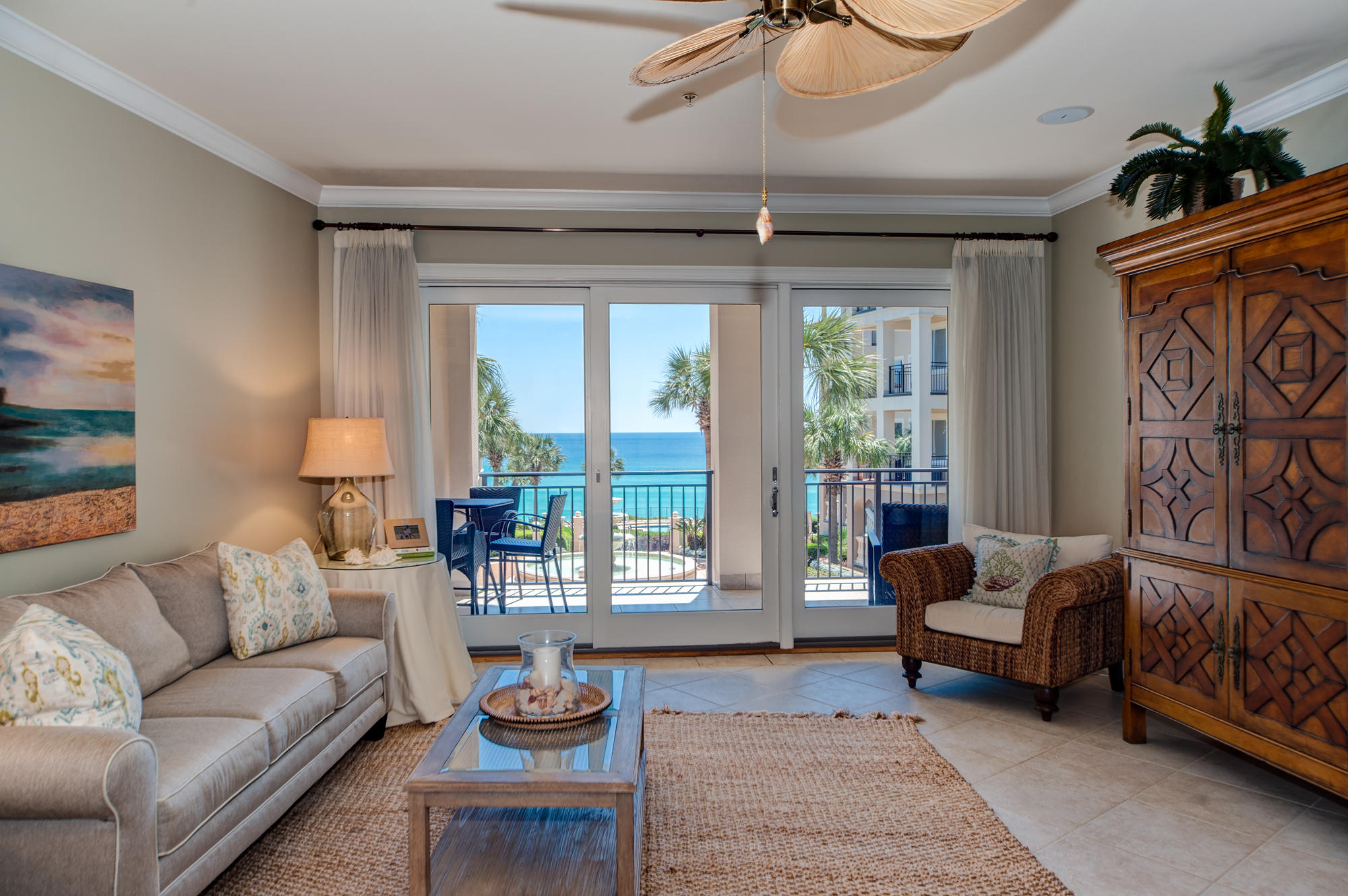 Upon entering the foyer of B202, you are at once captivated by the Piazza and azure Gulf views. This immaculate second floor Bella Vita residence, with a graceful 239 square foot veranda is offered by the original owner and is beautifully furnished. Immaculate and never rented! Lush, landscaped gardens, fountain, pools and the Gulf of Mexico unfold before your eyes and enliven the senses. You will enjoy 365 feet of beach and two picturesque swimming pools of which one is heated. The interior detailing includes arches, raised ceilings, crown molding, and hard surface floors throughout. There is new flooring in the bedrooms. The Linn's Prestige Designer Kitchen with gas cooking, custom cabinetry, two breakfast bars, double oven, and high end appliances makes entertaining effortless. Wake up to Gulf Views! The Master Bedroom lets on to the veranda and features two well located, large walk-in closets. There is wiring for speakers in the living, dining and master suite.  Beautiful Master Bath offers separate his and hers vanity sinks, whirlpool tub, separate shower, tumbled tile accents, linen and water closet, and custom wood cabinetry.  Desirous floor plan features separate dining and the kitchen with adjoining Laundry Room. The Split Plan offers large en suite Guest Bedrooms affording privacy for guests and owners alike. B202 offers ample storage inside and out with a private storage closet, ample parking, and additional common area owner storage in Building A. Bella Vita is designated by the U.S. Dept. of Natural Resources as the highest elevation on the entire Gulf Rim between Key West and Mexico sitting approximately 61 feet above sea level at the Piazza's custom fountain. B202 is located in the B Building so owners enjoy the added convenience of the Porte Cochere Entry at the Great Hall with Library, Kitchen, Mailboxes, Two Elevators and the fabulous Fitness Center is steps from your door. We invite you to make an appointment to see B202 and begin to live the Beautiful Life at Bella Vita!