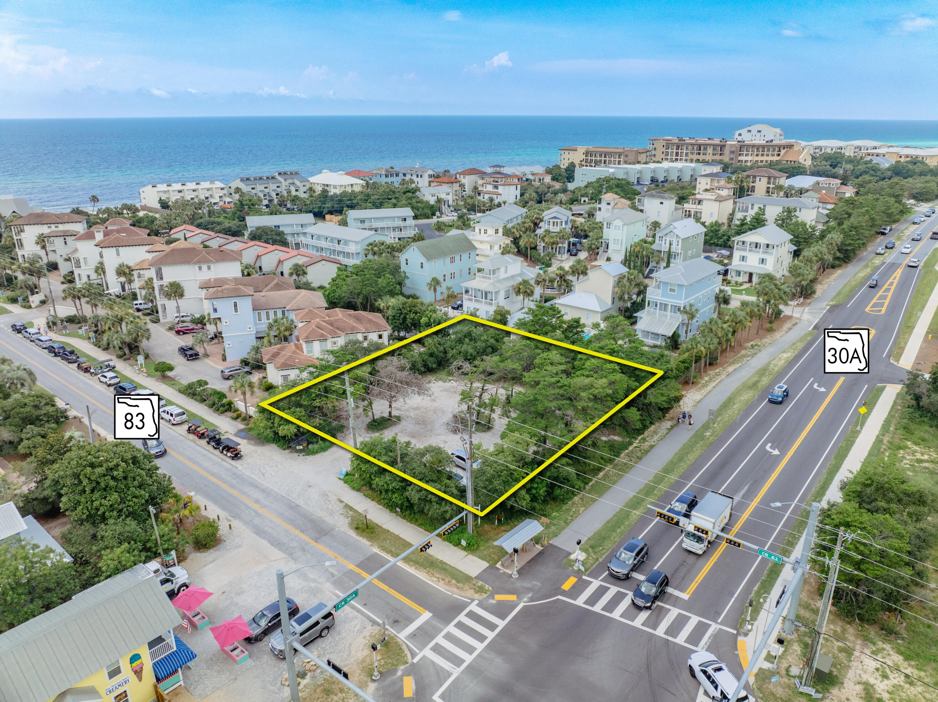 Extraordinary and rare corner parcel on High Visibility corner of Scenic 30A and County Road 83, across from Blue Mountain Beach Creamery and within 1/4 mile from one of the most favored South Walton County beachfront parks and access walkovers.  According to the Walton County Florida Land Use Map, this parcel offers the coveted Village Mixed Use (VMU) designation.  A boundary and topographic survey is uploaded to this listing.  Please inquire for further details and to schedule your private showing.  No unauthorized trespassing shall be permitted onsite.