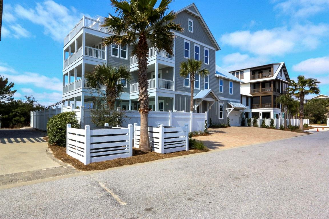 This one-of-a-kind, 30A beach house masterfully combines luxury and functionality in an exquisitely designed plan with high end finishes and flowing spaces. Located in the newly updated, private gated community of Sandy Shores, this 6,000 sq ft home is less than 400 feet to the sugar sands of the Emerald Coast. Sandy Shores is conveniently located between Rosemary Beach and Alys Beach, close enough to walk to all the shops and wonderful restaurants, yet secluded from traffic and crowded streets.
Boasting 10 bedrooms, 10.5 bathrooms, a movie theater, multiple living spaces, 2 chefs' kitchens, a game room, and garage and elevator. Outdoor living features include, a resort style pool, hot tub, fire pit, over 1500 sq ft of porches and boundless outdoor seating and dining space. The fourth floor sky deck is a spectacular feature with lounge chairs, 2 seating areas, and panoramic views of the turquoise waters of the Gulf and the surrounding rooftops. With rental projection of over $250,000, 44 Sandy Shores will make the perfect second home and real estate investment property.