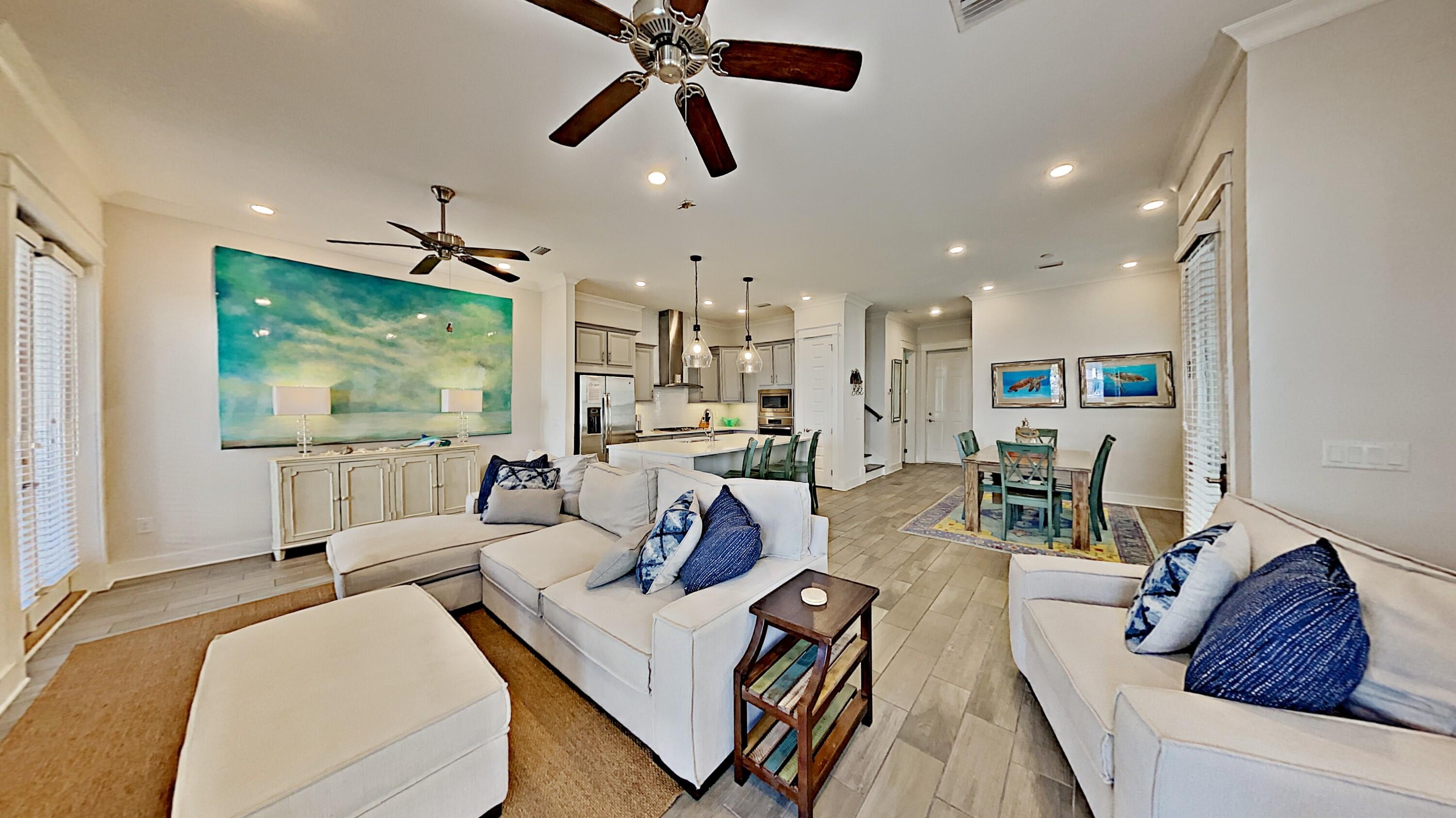 ''SoulShine''  The name says it all!   This beautifully appointed 3 BR / 2.5 bath Bahamas unit has all of the comforts and amenities that you could wish for in a home away from home. Along with plenty of counter space, the open kitchen offers a gas cook top, and an over-sized fridge, allowing you to enjoy family and friends while having all you need to prepare meals and entertain just the way you do at home. The spacious living and dining areas have 10' ceilings and plenty of windows, giving way to lovely views while relaxing on carefully chosen furnishings. Upstairs you will find 2 bedrooms outfitted in king beds, along with twin over full bunks. 
 
''SoulShine'' has easy access to the pool, and is just a short shuttle or bike ride to the nearby scenic dunes and unspoiled beauty of nearby Deer Lake State Park and beach access. The town of Prominence is a 30A hotspot, and offers a number of amenities that are certain make this vacation one of fun, fitness and relaxation, including a 5,000 sq. ft. pool with cabanas surrounding the poolside and a fitness center. The Hub offers something for folks of all ages and tastes, from tacos and tequila, to wings, burgers and shakes, a stop here is quick, tasty and convenient, and comes with a side of entertainment at the outdoor amphitheater. It's a great place to catch a concert, sporting event, or a movie on the lawn.