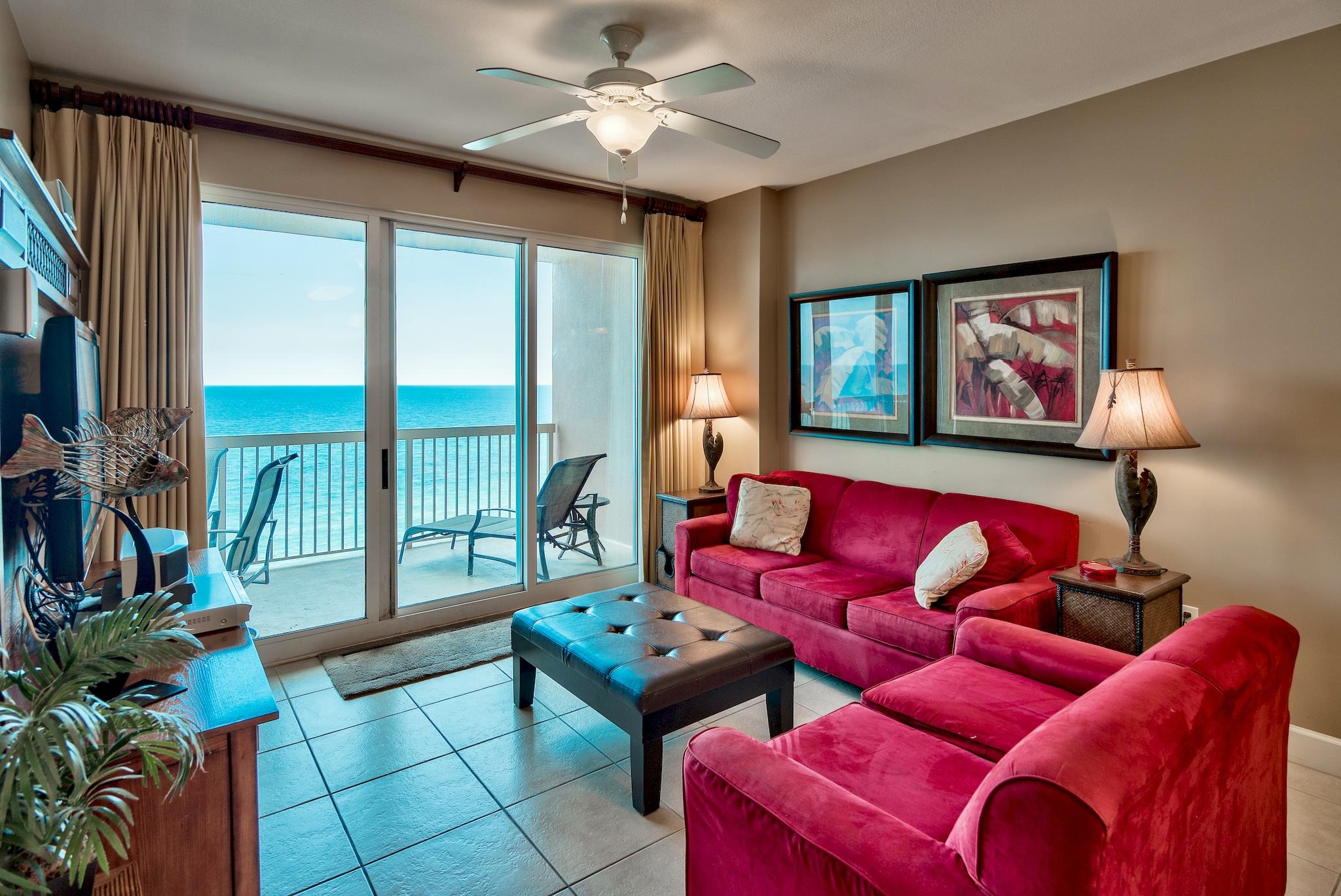 Beautiful 1-bedroom, 2-bath unit with bunk room and Gulf front master bedroom at Sunrise Beach! This is an ideal location on the 8th floor - low enough to hear the waves but high enough from the pool to have privacy. Beautiful tile floors extend throughout the main living areas making this unit easy maintenance for beach living! The open floor plan and large glass sliding doors allow the unit to feel very spacious. Access the private balcony from the living area and master bedroom and take in stunning views of the Gulf of Mexico, shimmering white sand beaches, and expansive pool area. Capture stunning sunset views to the west and enjoy outdoor dining, morning coffee, or a cool breeze from the balcony. This unit is being sold fully furnished & decorated with inviting decor and is turn key! The open kitchen, breakfast bar and dining area make entertaining easy! Take in the Gulf views from nearly everywhere in the unit. The kitchen also offers granite countertops, ample cabinets and a pantry. The master bedroom is ideally Gulf front with direct balcony access, a walk-in closet and an en-suite bathroom. Bathroom offers a double vanity, tile floors, garden tub to relax in and separate walk-in shower. There is an additional full bunk room and second bath that is perfect for guests. Washer & dryer in the unit for convenience. 

Sunrise Beach has luxurious amenities including: 2 elevated Gulf front pools, one heated seasonally, 2 spas, large sun deck, spray park, owners lounge with full kitchen, Gulf front exercise room, theatre, plenty of underground parking, Gulf front gas grills, 330 ft. of beautiful white sandy beachfront. An onsite seasonal beach service that rents beach chairs & umbrellas and a variety of watersports including jet skis, catamarans, paddle boards, banana boat rides and parasailing! Sunrise Beach is a deluxe 25-story Gulf front complex with 275 units. It is located just east of Pier Park (apx. 1 mile) and only a short drive to Frank Brown Recreation Center and Gulf World marine park. Do not miss out on this opportunity to own a Gulf front condo at a great price with established rental history!