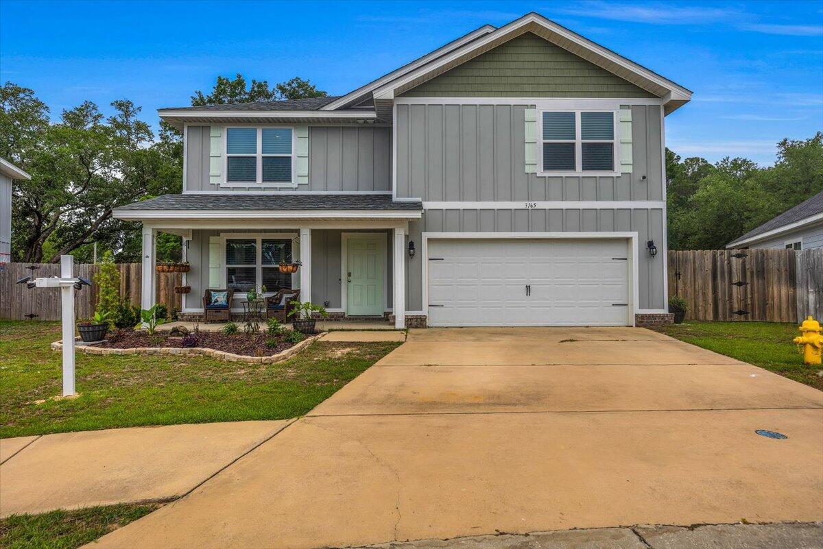 Possible VA Assumption!   Seaside Style Neighborhood only 7.3 miles from the pristine waters of Navarre Beach. This 5/3 home built in 2020 has a flex room and open floor plan for entertaining. Kitchen with island bar, granite counter tops, shaker cabinets, and stainless steel appliances. One of the five bedrooms is conveniently located on the first floor with a full bath just steps away, ideal for visiting family.  There is no wasted space in this 2,593 sqft. home.  Heritage Oaks is a charming neighborhood with sidewalks and one entrance for privacy.  The front porch and fenced large backyard make for the perfect family home.