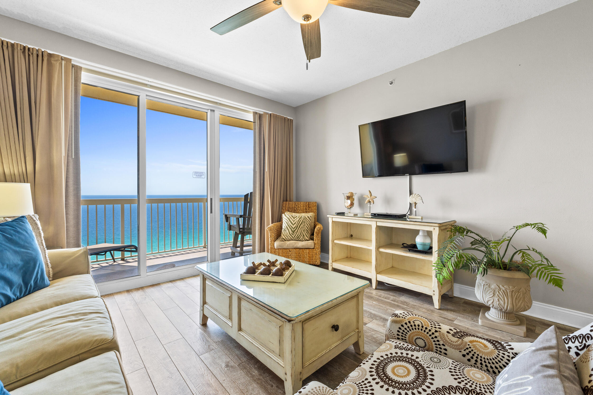Raising the standard of beach living, this condo's coastal chic ambiance causes it to live like beach house in the sky with an endless ocean views. Enjoy living at what many believe is the best location in Panama City Beach. Super-efficient 2 Bed/2 Bath + Bunk floorplan lives and rents like a true 3 Bedroom and has a PRIME high floor location in the deluxe 23-story Gulf front complex. Open floorplan, 9' ceilings, and large sliding glass doors allow for fabulous Gulf and sunset views from balcony, living room, dining room, kitchen, & master suite providing the ultimate alfresco living and entertaining environment! Great for second home, vacation rental, or full time living!