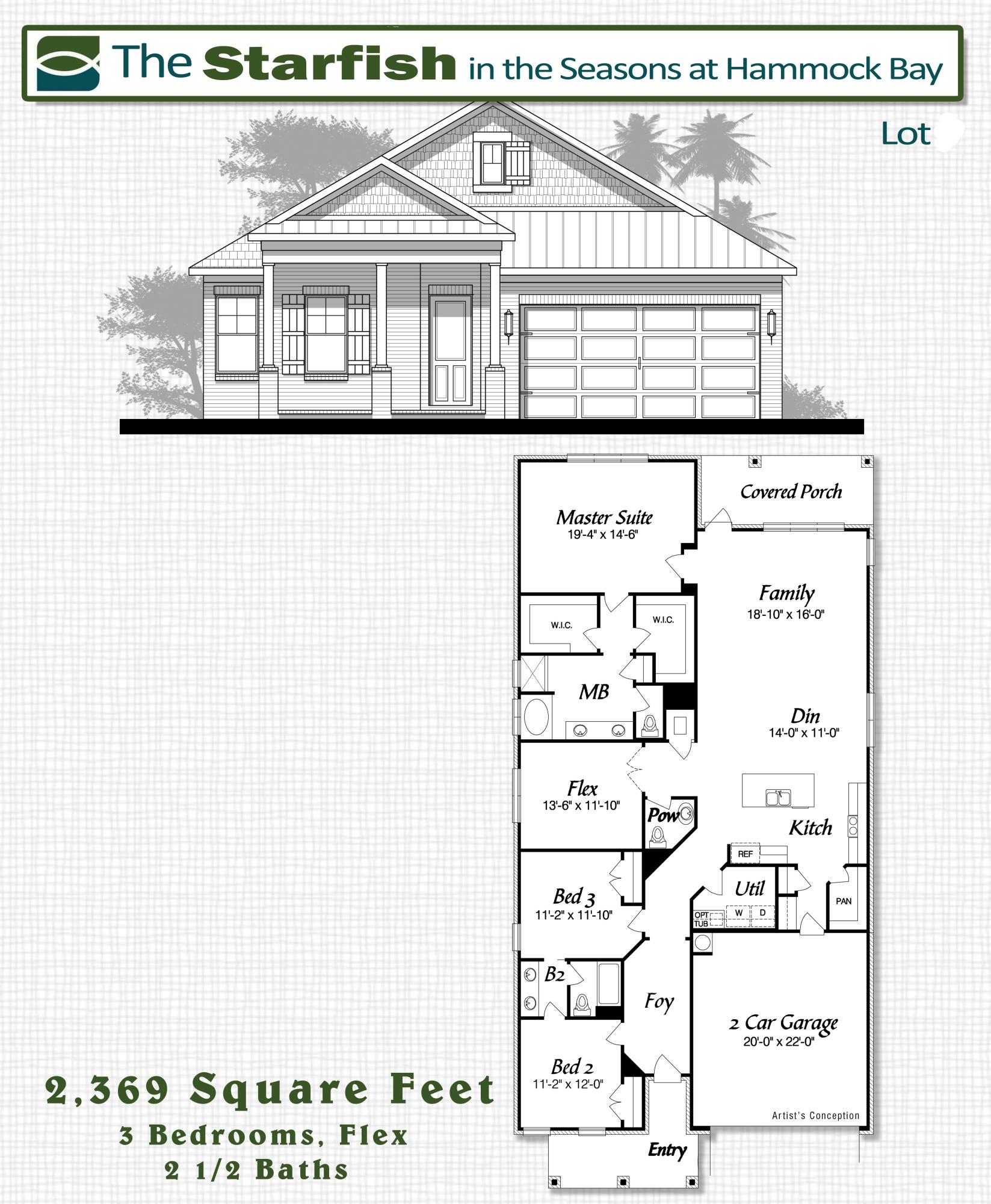 The Starfish plan has 2,369 square feet, three bedroom, plus flex room with doors and 2.5 baths. Brick exterior, covered rear porch and 2 car garage. Interior finishings include, 9' ceilings, granite counter tops, laminate, tile and carpeted floor coverings, crown molding, cased windows and openings. Upgrades include laminate floors in master bed, floor plug in living room, sink in laundry room with lower cabinets, ceiling fan at lanai and steel tub with tile surround in bath 2 and master bath. Natural gas range and Rannai tank water heater. Stainless Frigidaire appliances, WoodHarbor cabinets with 100 year finish warranty. Hammock Bay is a 3,200 acre master planned development which offers a clubhouse, movie theater, pools, workout facility, nature trails and a pet park.