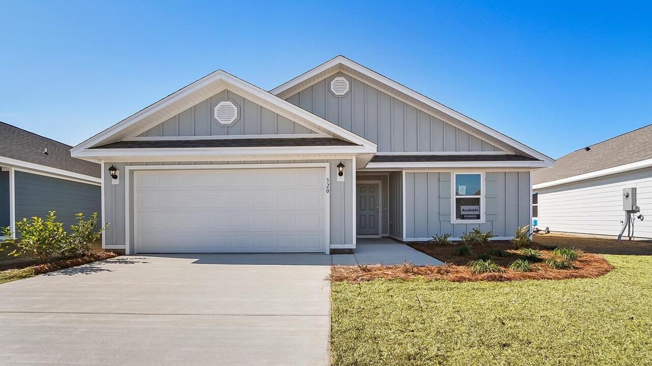 Welcome to 155 Eunola Lane, a new home in Phase III at Ashton Park in Freeport, Florida. This home is under construction. Entering this home, you will find EVP through the foyer which opens to a bright and airy space, with two secondary bedrooms and a full bathroom tucked off to one side. These rooms are perfectly sized with each offering plenty of closet space and easy access to the shared bath. This home features a seamless living space with EVP and carpet in the bedrooms.  
Continuing into the heart of the home, you will find an open concept living area. Here, the kitchen is open to the living area and features granite countertops, stainless steel appliances, and an island with a breakfast bar that creates the perfect spot for casual dining or entertaining.