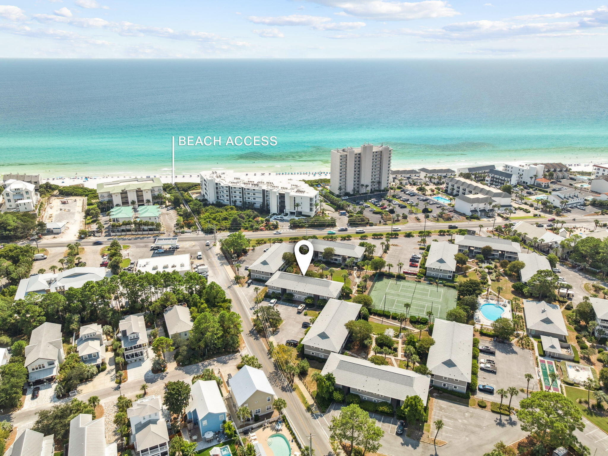 PRICE TO SELL. Fully turnkey and just steps from the Gulf, this 1-bedroom, 1-bath condo at Beachwood Villas is ready for immediate enjoyment or rental income. Thoughtfully updated and sold fully furnished, the space comfortably sleeps five and features a chic coastal design that lives larger than expected. The open- concept living and dining area provides an inviting place to gather, while the private bedroom suite offers a relaxing retreat. A covered balcony extends the
living space outdoors with peaceful views of the lush community green. Beachwood Villas is one of Seagrove's most established and desirable low-density communities, offering only two floors of residences in Building 6 and a welcoming, laid-back atmosphere.