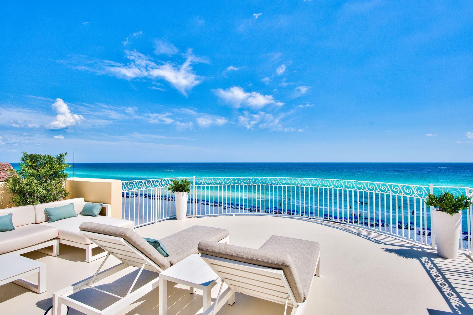 Extraordinary gulf views juxtaposed prominent positioning on a premier 50' of linear beach frontage characterize this masterfully built gulf front estate primely located behind the gates of Destiny by the Sea. Architecturally significant, this resort style beach retreat offers unparalleled amenities including an infinity-edge private gulf-front pool and spa yielding endless views over the emerald green waters of the Gulf of Mexico as well as as a strategic southwest orientation to maximize sunset vistas. This expansive custom-built Mediterranean home boasts luxurious notable features including a private courtyard entryway, private elevator with natural lighting offering access to all four floors as well as an extraordinary rooftop deck complete with a built in bar, outdoor shower, ample covered storage, half bath, expansive trellis with sun deck and ambient fire table, all of which is accentuated by stunning panoramic gulf and bay views. This property has been recently upgraded with top of the line designer furnishings, accessories, lighting and professional staging/curation by Laura Mckee with Dwell Staging & Design. 

This thoughtful open concept layout was specifically designed for legacy living offering four sizable bedroom suites each with uncompromising privacy and well-positioned to enjoy premier gulf vistas. There is a fifth bonus room that could be a potential additional bedroom or third living area located on the top level. The first floor entry level is accessible through the over-sized two car garage or the private courtyard entryway that also has a path directly to the pool deck, outdoor shower, private pool and private beach walkover. The first level is accentuated by the sprawling wrap-around staircase encased in Jerusalem stone and custom iron railing as well as a beautiful exotic fish tank that illuminates the main entryway. There is a full bedroom suite adjacent to the first floor living room as well as a finely appointed kitchen complete with ample cabinetry, dishwasher, basin sink, solid surface countertops and refrigerator with flush paneling. The first level offers immediate access to the pool deck overlooking the Gulf of Mexico including access to a full pool bath as well as heated and cooled storage for beach accessories. The second level is anchored by the expansive living, dining and kitchen layout which boasts a fully open concept with floor to ceiling glass windows perfectly framing elevated views over the Gulf of Mexico. The gourmet kitchen is well-equipped including a spacious center island with ample cabinetry and granite countertops as well as an eat-in breakfast nook with coastal decor and ambient lighting. The second level also features an over-sized south-facing living room complete with a rotund covered porch maximizing the 180 degree view corridors. The third floor is anchored by a sprawling south facing master bedroom offering a full ensuite complete with a wet bar, dual vanities, soaking tub, walk-in shower and private water closet. The master suite also enjoys a south facing rotund private balcony highlighted by comfortable loungers facing southwest to soak in the endless water views. The third floor also yields two additional large bedrooms, each with ensuite bathrooms as well as a spacious laundry room. The fourth level is an exceptional retreat completely remodeled and outfitted for modern entertaining offering a fully equipped serving bar, finely appointed outdoor loungers congregating around a fire table and focused to capture the best view corridors with panoramic vistas as well as a conveniently placed half bath, outdoor shower, bonus room & over-sized storage closet for convenience. 

This home has been lightly utilized as a second home and maintained to the highest standard but offering the flexibility to be a short term rental or primary residence. Other notable features include a Lutron lighting system throughout, ample parking available in the driveway as well as a water filtration system and a private office space located on the second floor. Residents in Destiny by the Sea enjoy guard gated and patrolled security. The neighborhood also boasts access to a resort style community pool, onsite exclusive beach chair service including water accessories, clubhouse, onsite CAM manager and primely located within easy proximity to world class shopping, dining and entertainment.