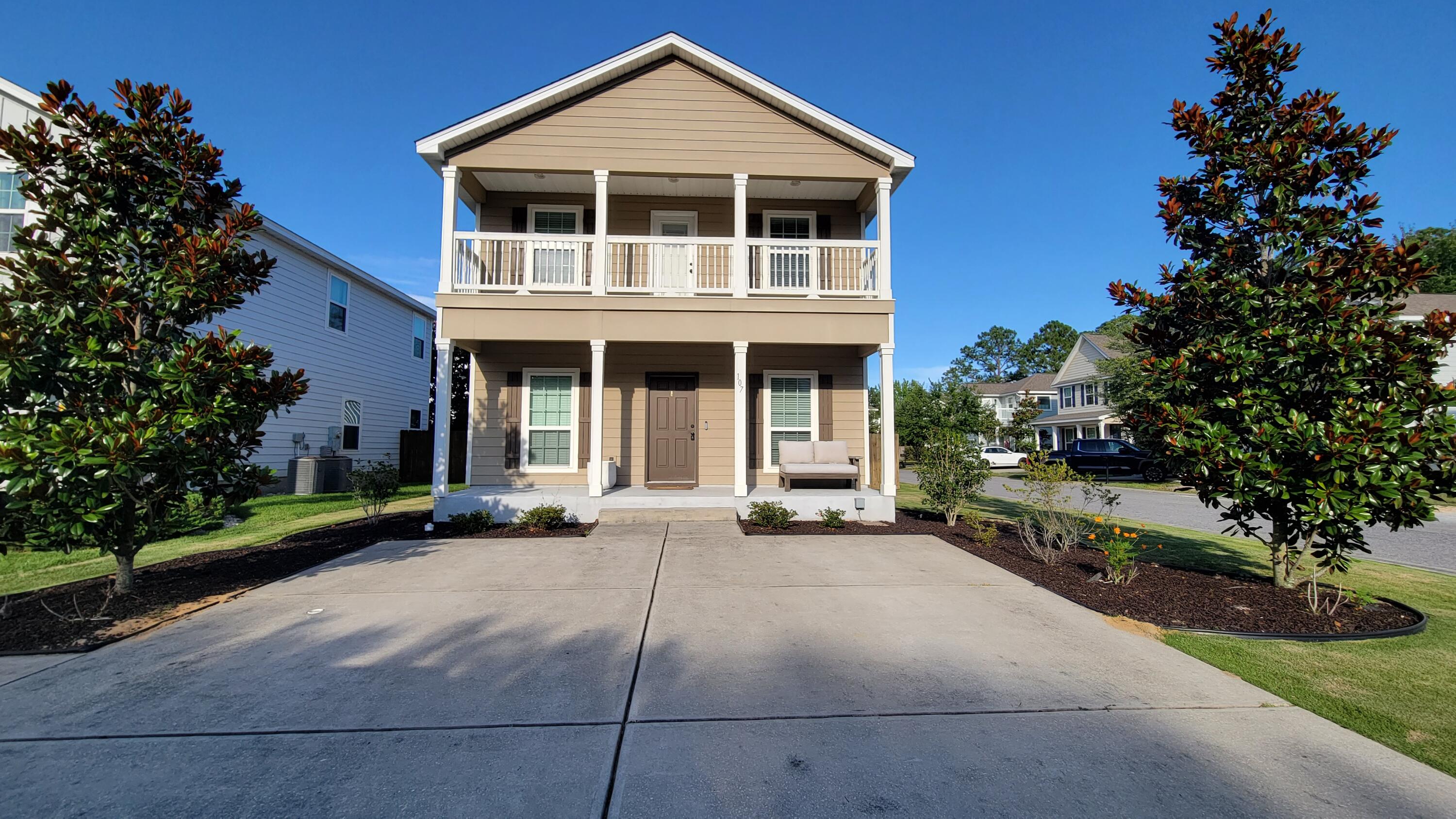 This charming two-story, three-bedroom, two-and-a-half-bathroom home in Santa Rosa Beach. Near Publix, South Walton High School, and all the attractions of 30A. Premium wood plank flooring in the living room, seamlessly flowing into the kitchen and dining area. The kitchen boasts ample counter and cabinet space, while the back door leads to a covered patio and fenced backyard, complete with a convenient shed for storage. Upstairs, you'll find the bedrooms and two full bathrooms. The spacious master bedroom features an attached bathroom with dual vanities, a large walk-in closet, and a covered balcony. Additionally, there's a laundry room with washer and dryer connection. All PMOTP residents are enrolled in the (RBP) for $50/month which includes Tenant Insurance, HVAC air filters.