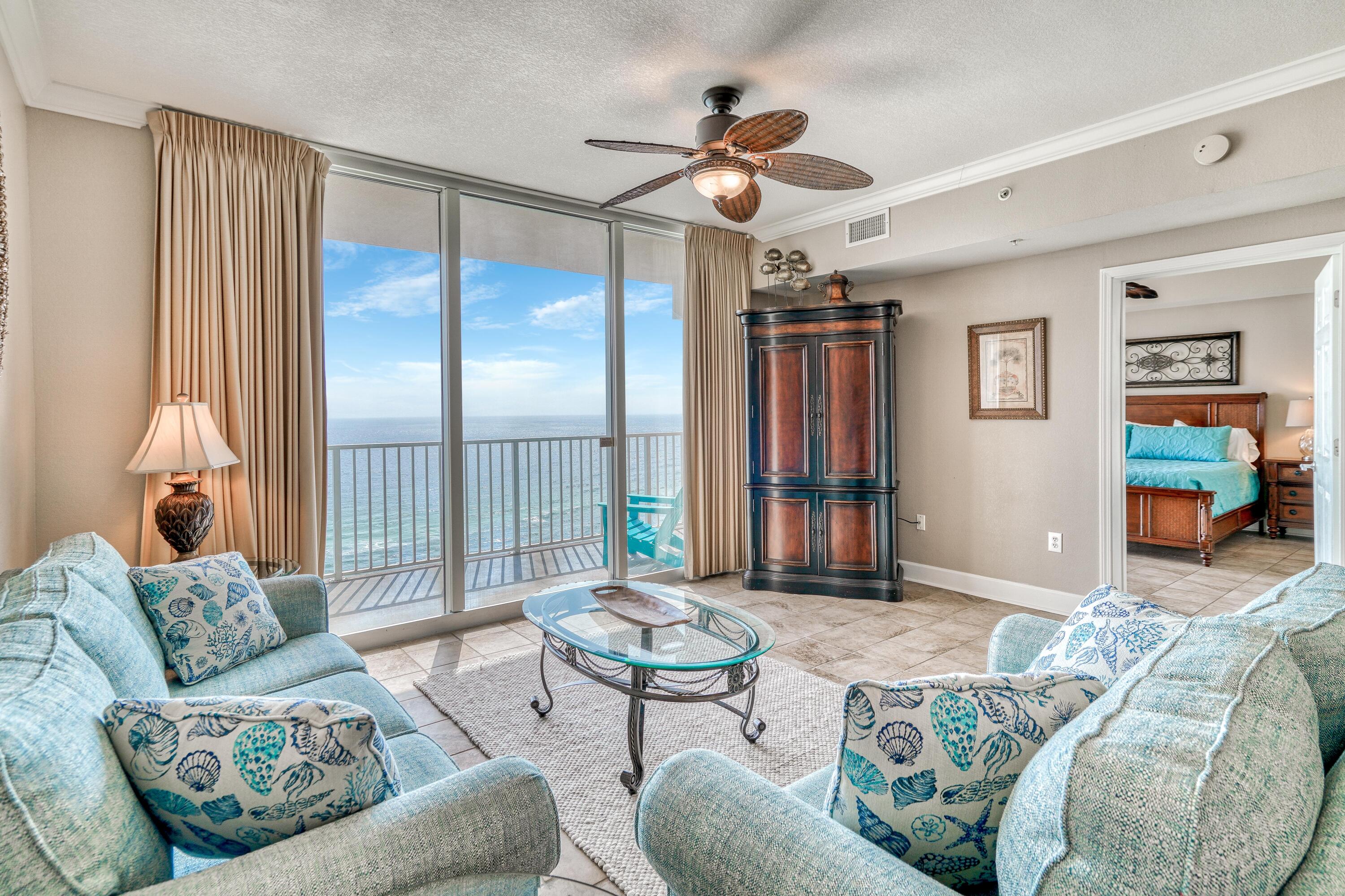 DESIRABLE ONE BEDROOM, TWO FULL BATHROOMS WITH BEACHFRONT MASTER BEDROOM & FULL BUNK ROOM WITH DEEDED EXTERIOR STORAGE CLOSET! Welcome to Tidewater Beach Resort in Panama City Beach, Florida! Tidewater 1312 offers 1 bedrooms plus a bunk room and 2 full bathrooms on an excellent middle level with unparalleled Gulf views from the master bedroom, living, kitchen and balcony areas. This condo has been on a steady rental program for many years and offers a solid rental history with the opportunity for future rentals to convey by staying with the same manager. The condo is sold fully furnished and decorated making for a turn key situation to close out this years rental season. A seasoned management firm is already in place that make for an easy transition if the buyer chooses. The ''L'' floorplan at Tidewater is one of the most desired floor plans anywhere in the area due to the one bedroom nature and the master bedroom being on the beach side with balcony access. The bunk room is essentially it's own room with ability to close it off and create true privacy unlike the majority of floor plans that offer bunks in a hallway. Tidewater is located on over 600 feet of beautiful, white sand, gulf beaches. It is a first-class resort condominium with an impressive array of amenities. Two huge lagoon pools at 4200 square feet each with Tiki Bar and outdoor jacuzzis. A large gulf front fitness center with a health bar, 2 jacuzzis, sauna, and steam room. Conference center, movie/media center, heated indoor pool, seven high-speed elevators, game room, convenience store, movie theater, restaurant, and bar. Tidewater is conveniently located within 1/3 mile to the 900 square foot PIER Park shopping village (over 100 retailers). Great shopping, great restaurants, and a 16 screen Cinema complex.