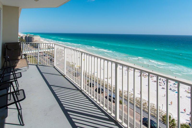 THIS IS IT! Rarely does this sought after floor plan come on the market offering a gulf front master bedroom and living area. Especially on the ninth floor far away from the traffic noise with beautiful, endless gulf and coastline vistas. This unit is fully furnished and equipped and ready for a turnkey vacation rental, second home or permanent residence. Majestic Sun amenities include heated indoor/ outdoor pool; hot tub and  fitness center. Perfect location convenient to beach accesses; restaurants; shopping; entertainment; golf and so much more. All within the gated golf course community of Seascape with a eighteen hole golf course; tennis courts; walking paths; bike rentals on site restaurants and two thousand feet on the beautiful Gulf Of Mexico.