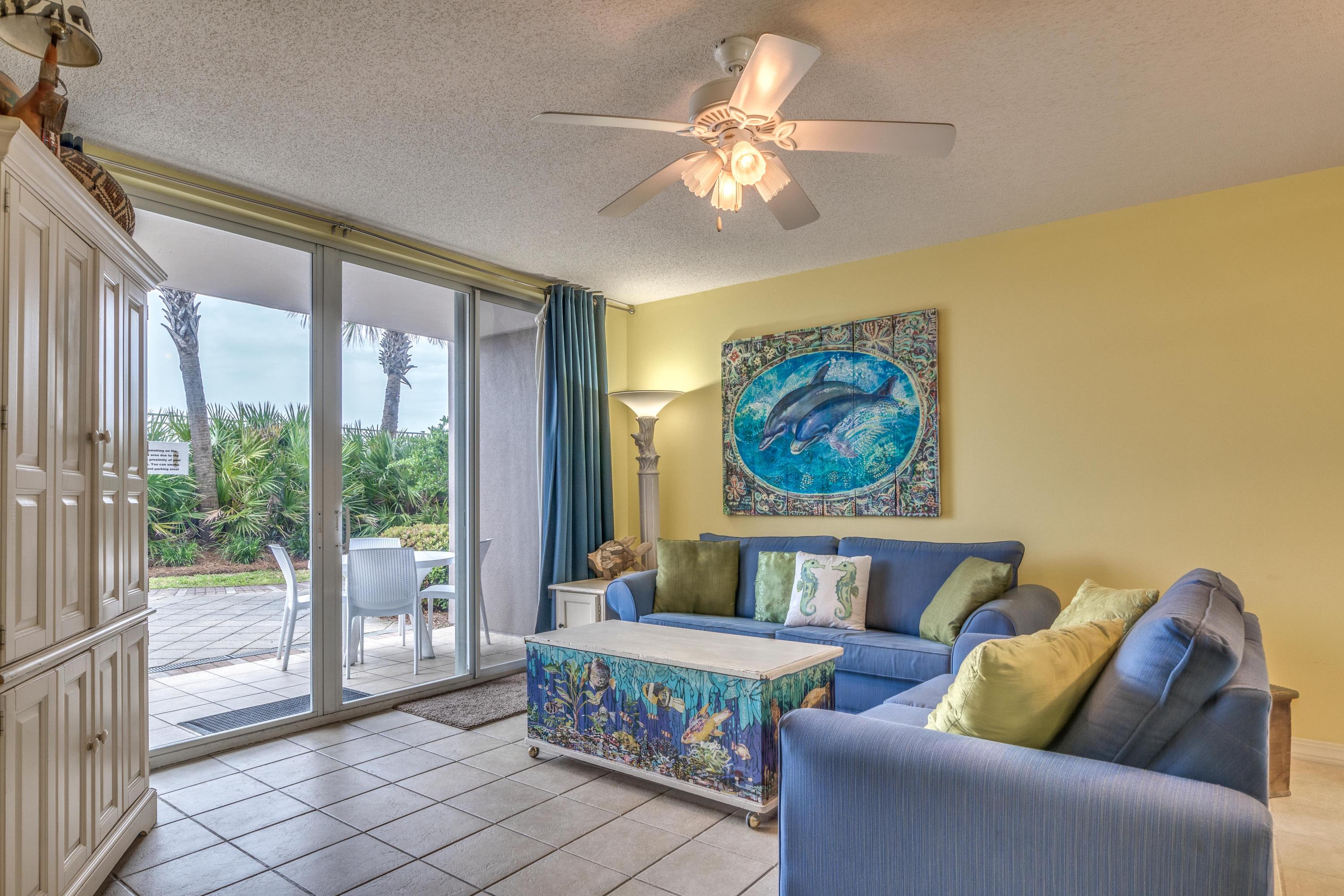 This lovely condo is located on the first floor and provides easy access to the pool and beach. NO STAIRS OR ELEVATOR REQUIRED! This spacious two bedroom, two bath unit can accommodate up to six people and has everything you need to enjoy the beach lifestyle. This unit will be sold furnished and includes tile throughout (no carpet), large open kitchen, pantry, breakfast bar, and washer/dryer.
Do you have a pet or like to entertain? You will love the large private patio located close to the pool and grassy area. Access the pool and beach from the living area or master bedroom.
Island Princess is a beautiful complex located close to local restaurants, The Gulfarium, Adventure Zone, shopping, and The Okaloosa Island Fishing Pier and Boardwalk. On-site amenities include private beach access, gulf front heated swimming pool, spa, fitness center, grill/picnic area, chair/umbrella service, and on-site rental company. Do not miss your opportunity to own a piece of paradise. Call today to schedule your private showing.