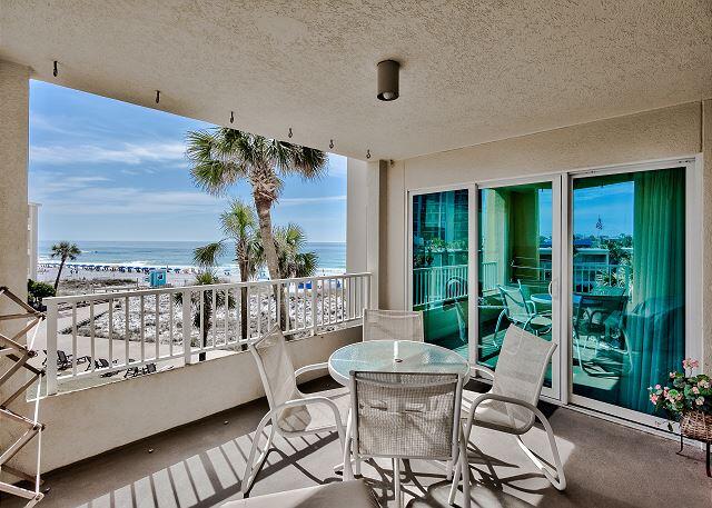 * ENTERED FOR COMP PURPOSES * Recently updated condo with 'Beach Cottage' furnishings and excellent views of the Beach, Courtyard and pool! 2BR/2BA with Sleeper Sofa in the living room; Master has king bed and 2nd Bedroom has 2 double beds. Washer/Dryer. Wi-Fi included/. There is on-sight parking, in building elevator and community grilling areas. Will sleep a maximum of 8 people. This newly decorated condos is lite and airy using palates of gray, blue and turquoise. It is located on the 3rd floor overlooking beautiful views of the beach, grassy courtyard and pool. The living room is equipped with a Smart TV. There are flat-screen TVs in each bedroom. Each TV is connected to a DVD player. There is tile flooring in the main living areas and bathrooms, with carpeting in the bedrooms. The balcony has a table and 4 chairs along with a comfy cushioned wicker chair and ottoman providing a nice spot to read or enjoy the surroundings.