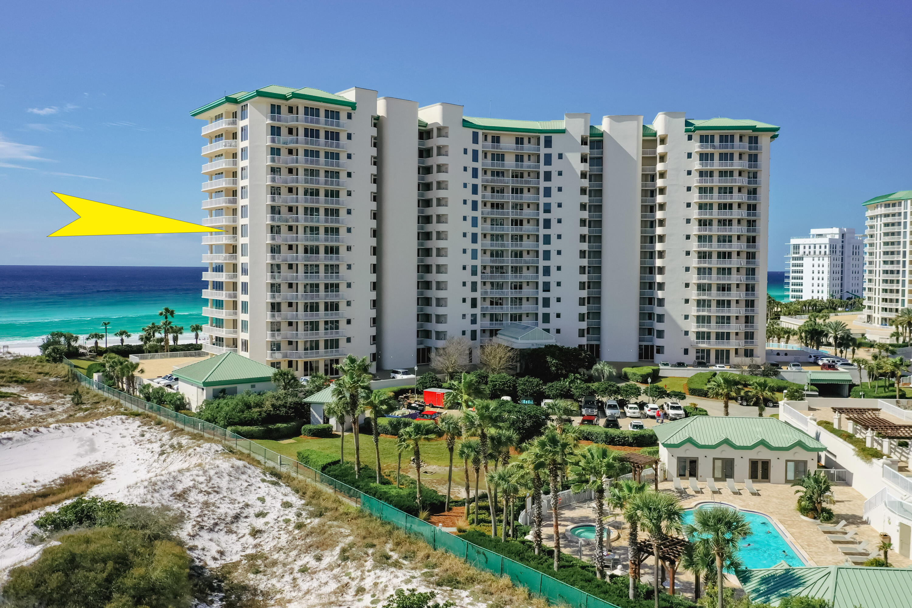 FULLY FURNISHED! TURNKEY! This rare corner unit is located on the 8th floor and offers the best of Gulf-front living in an elegant package. The views are extra stunning due to St. Thomas' fantastic location bordering Henderson Beach State Park on the east and the beach and greenery of Silver Shells' community park to the south/west. Enjoy the beautiful dunes, white sand beach, sea life and birds, and of course our magical Gulf sunrises and sunsets-whether indoors or out! The foyer off the semi-private elevator opens to the open kitchen/living/dining room and its floor-to-ceiling windows. The kitchen features  granite countertops, custom wood cabinets, and a breakfast nook that overlooks the breathtaking views of the Gulf of Mexico. The HVAC units are brand new. The master suite makes a peaceful oasis, which includes a full-length window, access to the patio, a stunning bath with beautiful marble and tile work, double sinks, large shower, and tub. The second bedroom in this split-bedroom plan also enjoys a huge window on the gulf, patio access, and a private bath. The wrap-around balcony provides plenty of space for outdoor dining, sunset viewing, or stargazing. A rear entrance accesses a balcony with bay views, as well as the trash chute, A/C and water units, and service elevator. St. Thomas owners enjoy deeded parking, a nice lobby, a huge common patio with lawn, private pool, hot tub, barbeque pit, and private beach access. Additionally, the resort offers a beachside bar, extensive green space and large outdoor pool, a fully equipped fitness center with indoor/outdoor pool, spa, cardio center, 4 tennis courts, a basketball court, 24-7 manned and gated entrance, and more! Enjoy the white sand beaches and emerald waters of the Emerald Coast while being located in the Heart of Destin! Live the Destin Lifestyle to the fullest! Call today to set up your private showing.