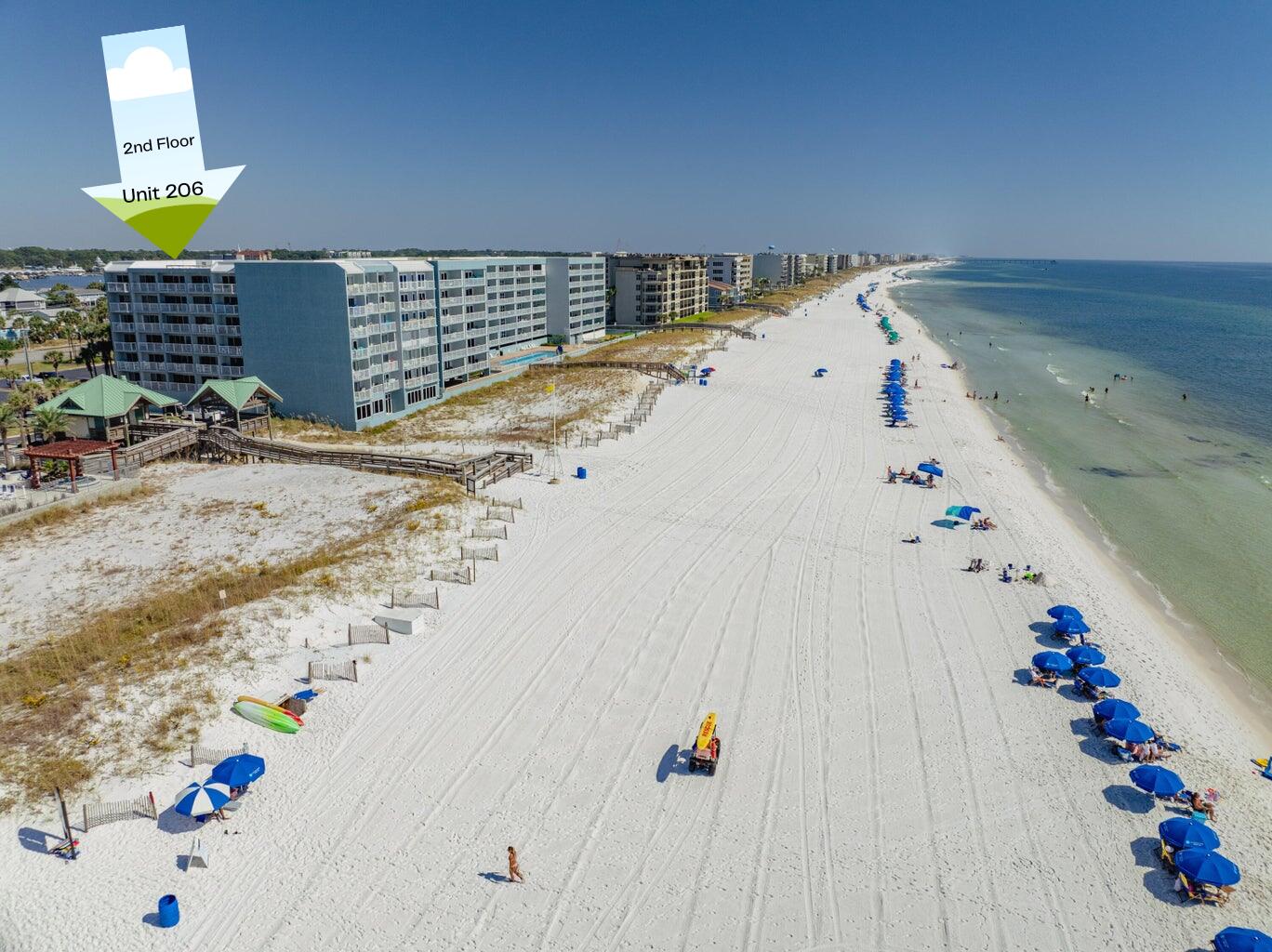 2BR GULF VIEW condo - Islander Unit 206 offers an attractive getaway with stunning beach views from your approx 30-foot private balcony. Fully furnished & turn-key ready featuring 2 king bedrooms, 2 full baths, smart TVs, and a queen Murphy bed (cabinet-sleeps 2). Full-size washer/dryer in-unit. Enjoy beachfront living with resort-style amenities: heated 20'x80'pool, w/ restroom, shower area and access lift for guests needing assistance; BBQ area, Shuffleboard, Event Venue, Gym/Fitness Room and direct beach access.  Located on Okaloosa Island, part of the beautiful Emerald Coast in Northwest Florida.