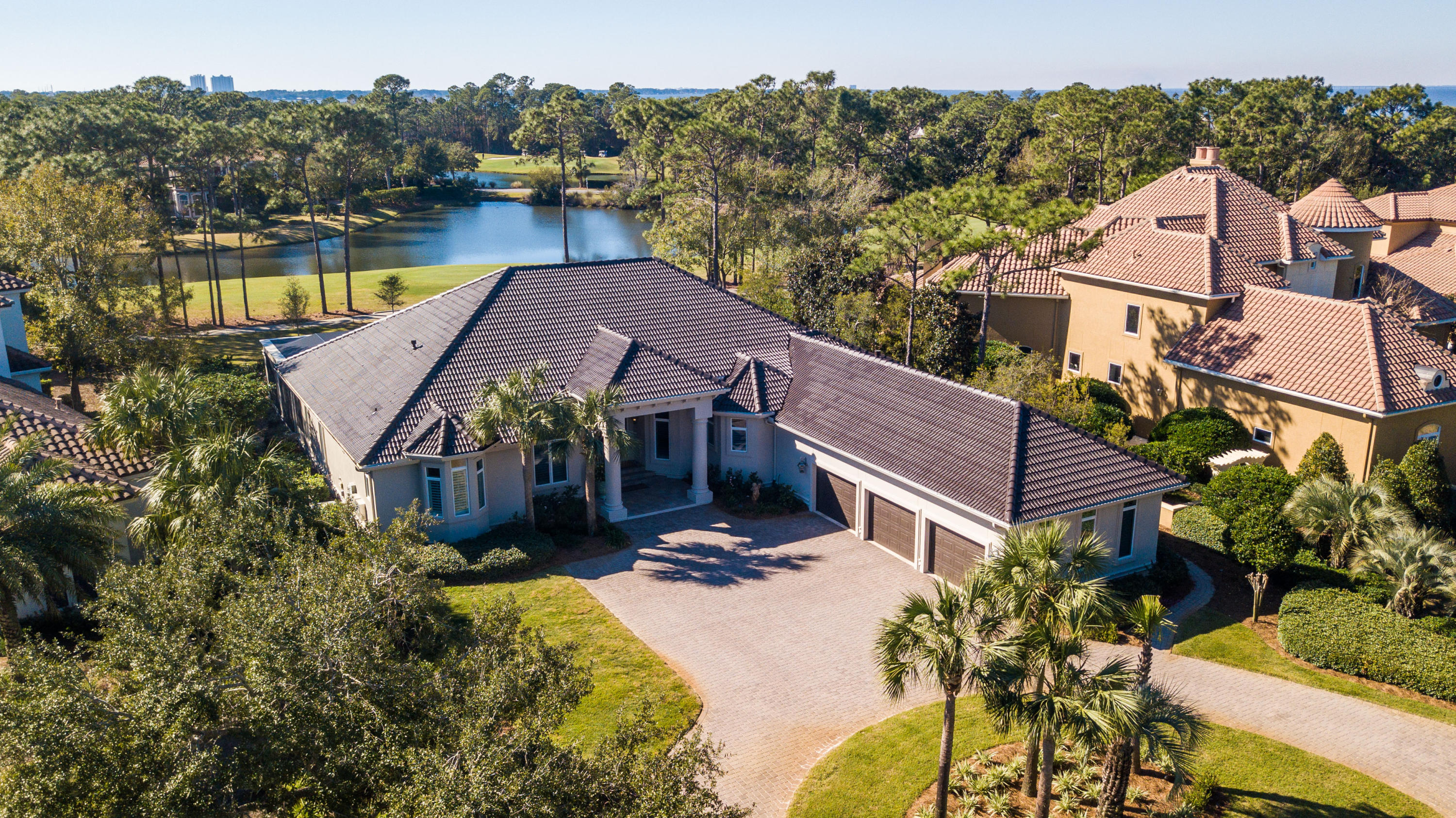 A unique opportunity rarely available in Burnt Pine... 4 Bedrooms, 4 Full Baths, all on ONE LEVEL, located on the 17th Fairway of the Burnt Pine Golf Course. Perfectly situated on a private cul-de-sac street with very little traffic. An estate sized home on an estate sized lot with tranquil views of the golf course and lake. Incredibly spacious, open floor plan, with ample room for entertaining. This home has everything one would expect in a Burnt Pine home, including a screened lanai and pool. The sleek kitchen is sure to impress and features an abundance of cabinets.Split bedroom floor plan provides privacy for the master suite as well as guest suites. Separate study with french door entry way and beautiful built in cabinetry. The large circular drive offers easy access in and out. Call Today to see this Great Home !