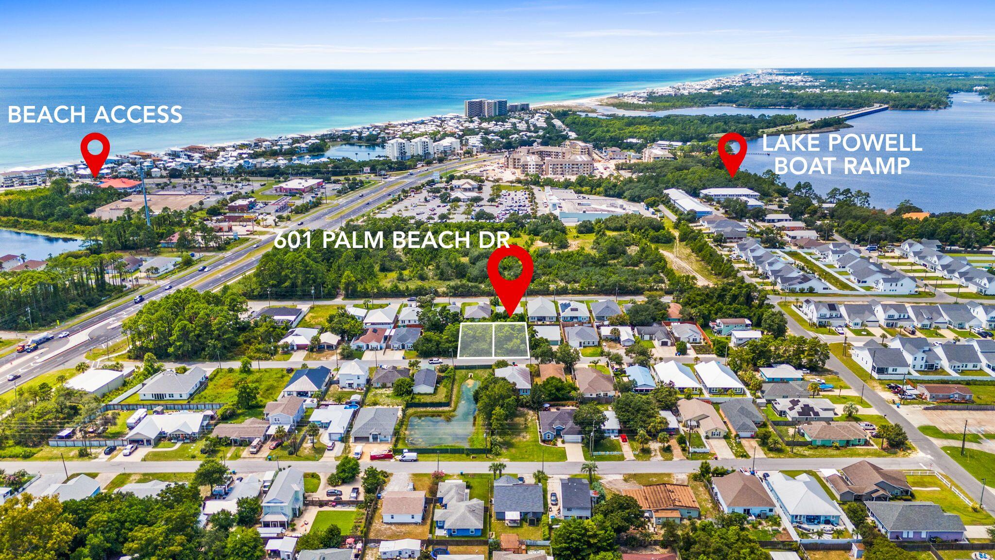 CURRENTLY UNDER CONTRACT, SELLER WILL CONSIDER BACKUP OFFERS. Discover the perfect canvas for your beach retreat on this 50' x 105' homesite at 601 Palm Beach Drive, ideally located on the desirable west end of Panama City Beach. Tucked into a quiet neighborhood yet just minutes from the Gulf, this property presents a rare opportunity: purchase the adjacent vacant lot as well to create a double homesite at a bundled price. With no HOA restrictions, public sewer available at the street, and plenty of space to design your ideal coastal residence, the options are wide open. Build your dream home, a vacation escape, or maximize income potential with a short-term rental.  For builders, the ability to secure two side-by-side parcels offers the perfect chance to deliver multiple projects in a high-demand market. From this prime location, enjoy the best of both worlds, the serenity of Lake Powell and pristine Gulf beaches just blocks away, plus convenient access to 30A, Inlet Beach, Rosemary Beach, Pier Park, local dining, shopping, and entertainment. With land availability on the west end shrinking, opportunities like this don't come along often. Offered at $155,000 each or $300,000 for both lots together, an unbeatable value for such a versatile setup.