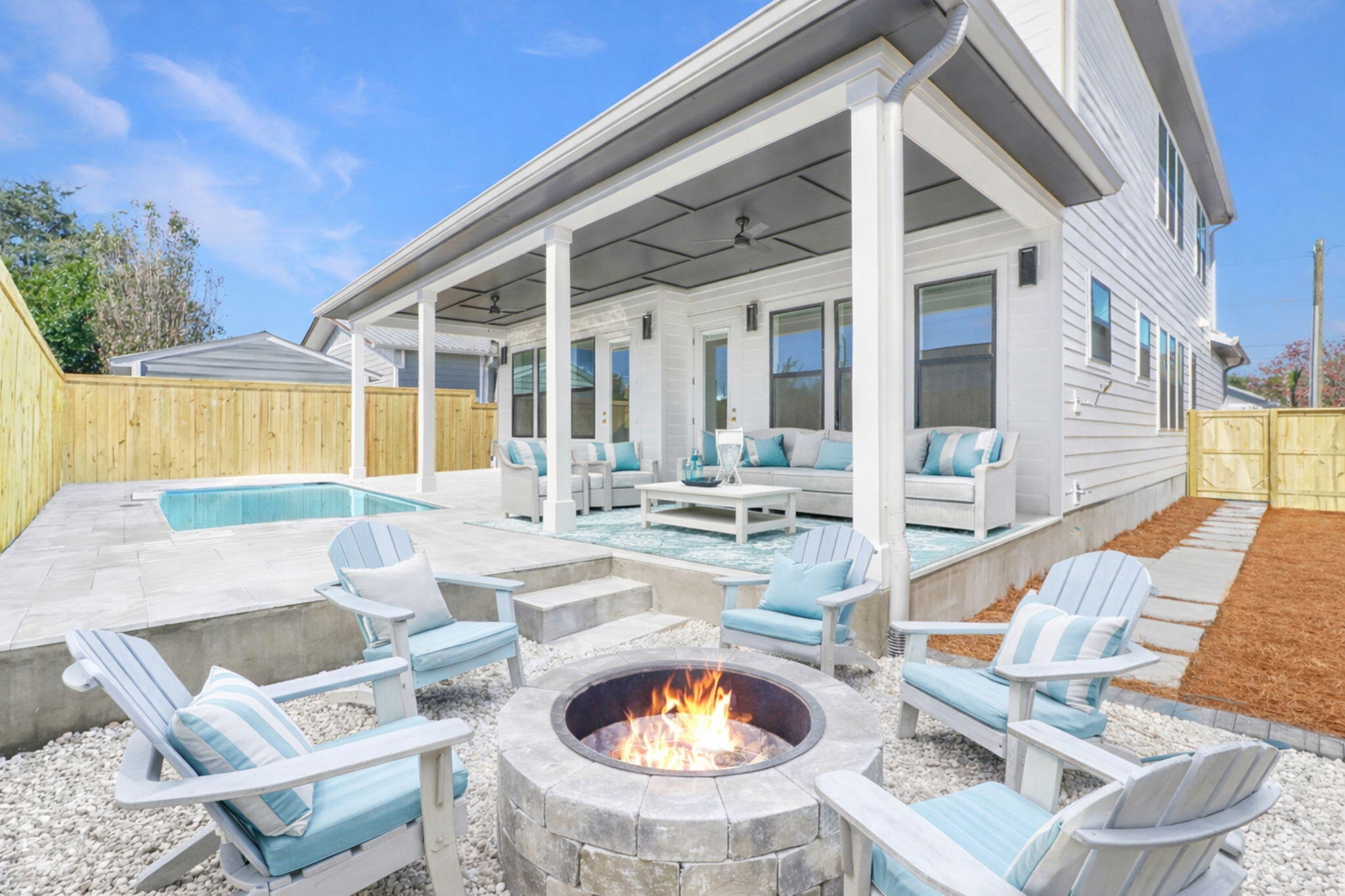 Brand-new 2025 coastal luxury home just steps from the Gulf! This 4-bedroom, 3.5-bath beauty features two main-level suites, an open floor plan, durable LVP flooring, accent ceilings, and a versatile loft. The chef's kitchen boasts quartz countertops, custom cabinetry, and a gas range. Enjoy a private saltwater pool, covered patio, and quality construction with 2x6 framing and a metal roof. Located in a golf cart-friendly PCB neighborhood near Pier Park, 30A, Top Golf, and Camp Helen State Park. Short-term rentals allowed—ideal for high rental income or your own beach retreat.