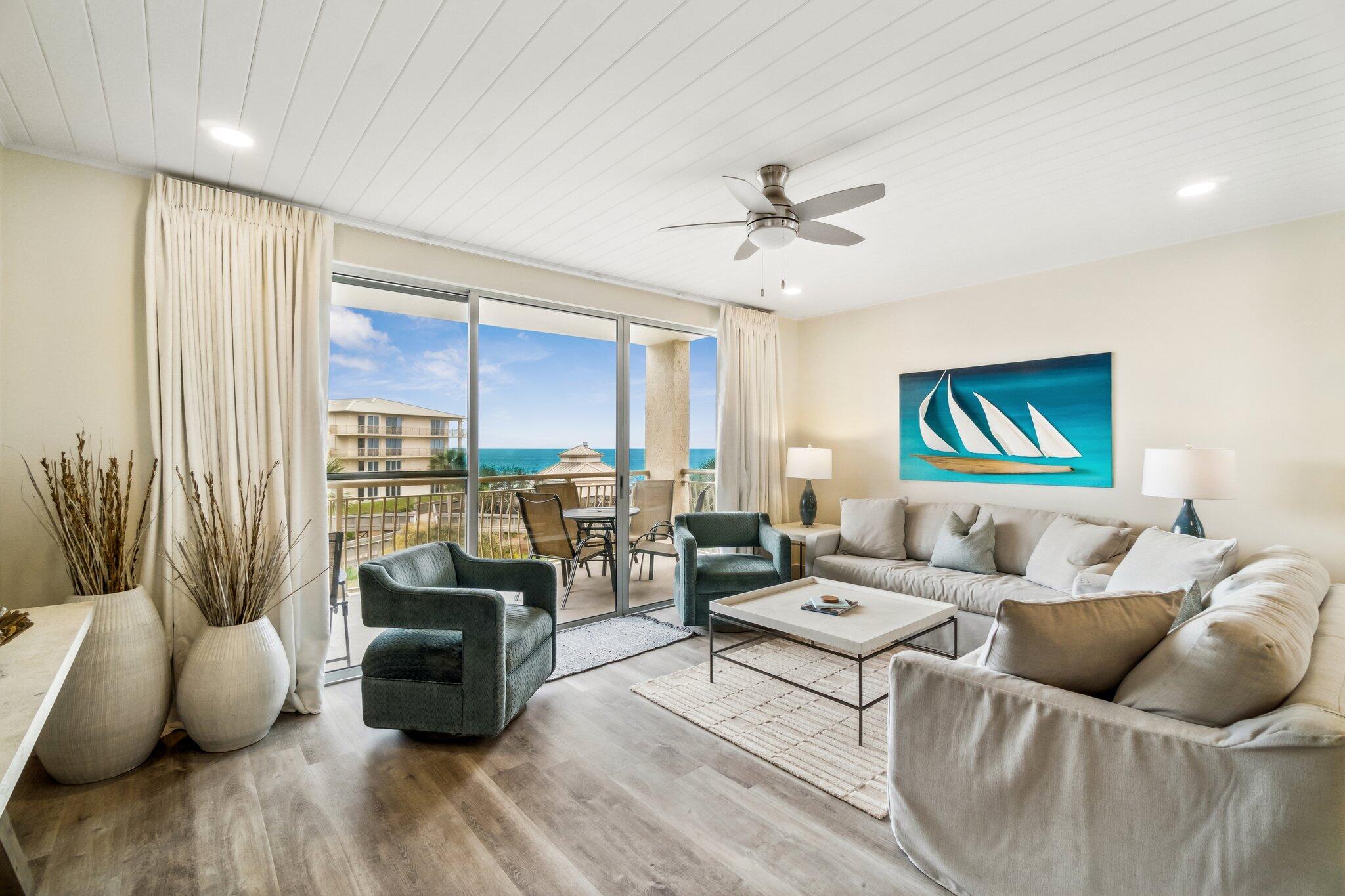 Indulge in breathtaking views of the Gulf of Mexico and the lagoon pool from the coveted vantage point of this 3rd-floor west corner condo at High Pointe, a meticulously renovated 3-bedroom, 3-bathroom residence situated along the picturesque Scenic Highway 30A in Seacrest Beach. This thoughtfully adorned unit invites you to unwind in a setting of spectacular views and relaxed coastal elegance. The expansive kitchen, equipped with modern appliances and a breakfast bar for three, seamlessly flows into the open-concept dining room and living area. A generously sized dining table, comfortably accommodating eight, sets the stage for family meals, followed by leisurely evenings in the living room enjoying your favorite movies. The master suite is a retreat in itself featuring a king bed and balcony access that overlooks the tranquil lagoon pool. The master en suite impresses with a tiled walk-in shower, dual sinks, and a makeup vanity nestled between them. On the opposite side of the residence, the guest bedroom beckons with a king-size bed and a private en suite boasting a single sink and a tiled walk-in shower. This bedroom extends its allure with a private balcony, offering a personal escape. The third guest bedroom is equally inviting, housing two queen beds and an en suite that includes a single sink and a tiled shower/tub combo. Beyond the comforts of the condo, seize the opportunity to relish the resort's amenities, including the lagoon pool with cascading waterfalls, an expansive pool deck with a hot tub, kiddie pool, BBQ grills, tennis and shuffleboard courts, a children's playground, and a seasonal gulf-front bar and grill. Conveniently adjacent to Rosemary Beach and a short drive from Seaside, High Pointe Resort stands as an ideal haven for those seeking the perfect blend of luxury and coastal charm on the Florida coast.