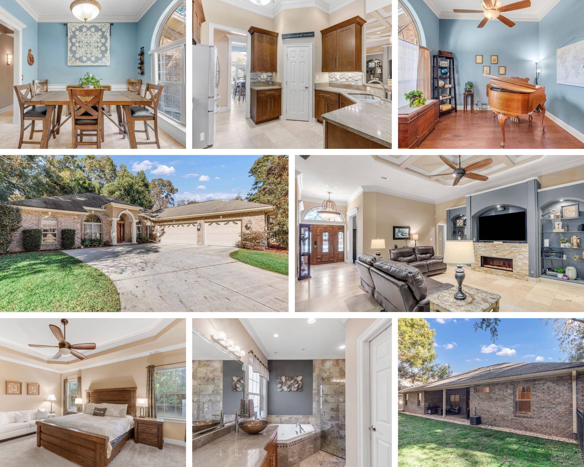 STUNNING Former Parade of Homes Winner 5 Bedroom - 3 Bathroom Home with 3 Car Side Entry Garage in the Gated Community of Claire's Vineyard. The home sits perfectly placed in the center of the neighborhood on a cul-de-sac, offering the feeling of seclusion and privacy. This well appointed and perfectly laid out floor plan offers a space for everyone as well as grand 9 ft, 11 ft, and 12 ft ceilings throughout the home. As you step inside the home, you are greeted by a beautiful foyer with decorative floor tile. To the left of the foyer, sits a flex space that with serve perfectly as a music room, home office or sitting area. This room is complete with wood flooring, ceiling fan, and crown molding. To the right of the foyer, you will find the home's formal dining room room complete with cased entries, wainscoting, crown molding and chandelier lighting. As you move through the foyer, you are greeted by the home large living room adorned with a beautiful tray and coffered ceiling, inline gas fireplace, ceiling fan, beautiful built-in shelving, and tile flooring throughout. Just off of the living room is the home's spacious kitchen complete with granite counter tops, breakfast bar, maple cabinets, tile backsplash, stainless steel appliances (oven with smooth top range, French door refrigerator) microwave, dishwasher and , pantry, under cabinet lighting, crown molding and more... The second dining area is just off of the kitchen and overlooks the back yard. The home's well appointed master bedroom offers enough space for a King bed and furniture with additional room for a sitting area. The master is complete with tray ceiling with back lighting and crown molding, ceiling fan, and access to the covered back porch. The master bathroom offers a spa like feel with double vanity, granite counter tops, maple cabinetry, jacuzzi tub, zero entry shower, water closet, linen closet and master closet. There are four additional spacious bedrooms with roomy closets and ceiling fans to enjoy. The second full bathroom offers another zero entry tile shower, and maple vanity with granite counter top. The third full bathroom is complete with a tub shower combo with tile surround, maple vanity and granite counter top. The perfectly designed indoor laundry room runs behind the kitchen and extends to a hallway with mud bench that connects to the home's 3 car side entry garage. This massive oversized garage has room for all the toys, has two auto openers, Rinnai gas tankless hot water heater and a pull down stairs with attic storage. The beautiful backyard is complete with a large covered back porch, newly installed Zoysia sod, decorative rock, and black metal fence for children of pets. Both the front and back yards offer mature trees and shrubs for great curb appeal and privacy. The exterior of the home also offers gutters around the entire home, under soffit lighting, and irrigation system. 
If you are looking for a home in an exclusive gated community in Crestview, Florida, then don't miss out on your chance to view this amazing Claire's Vineyard home and schedule your showing TODAY!