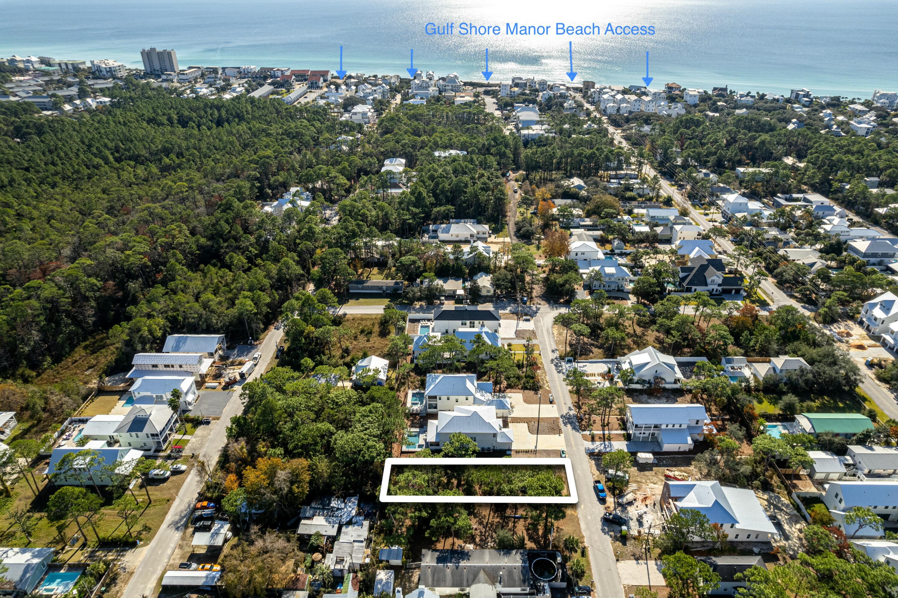 High and Dry vacant lot located in Gulf Shore Manor just off 30A in Seagrove Beach.  This lot is surrounded by 10 newly built homes in last 2 years. This street is located 1/2 mile to the beach or 1.5 miles to seaside.  

Lot 18 blk 7  is  located in Gulf Shore Manor with 5 deeded beach access and use of beach to community. Including walk over at end of San Juan and larger area at Bramble Access with seasonal lifeguards, restrooms and ramp to the beach.

Survey available as well as full house plans available upon request. House plans were designed with modern coastal design courtyard style home. It features 2 car garage, pool, 4 bedrooms and 4.5 bathrooms. Endless possiblities with this West facing lot. No build out time or design restrictions outside of Walton County building requirements. 
Build your dream home in one of the best communities on 30A with a mix of short term investment, primary residence and second home owners.