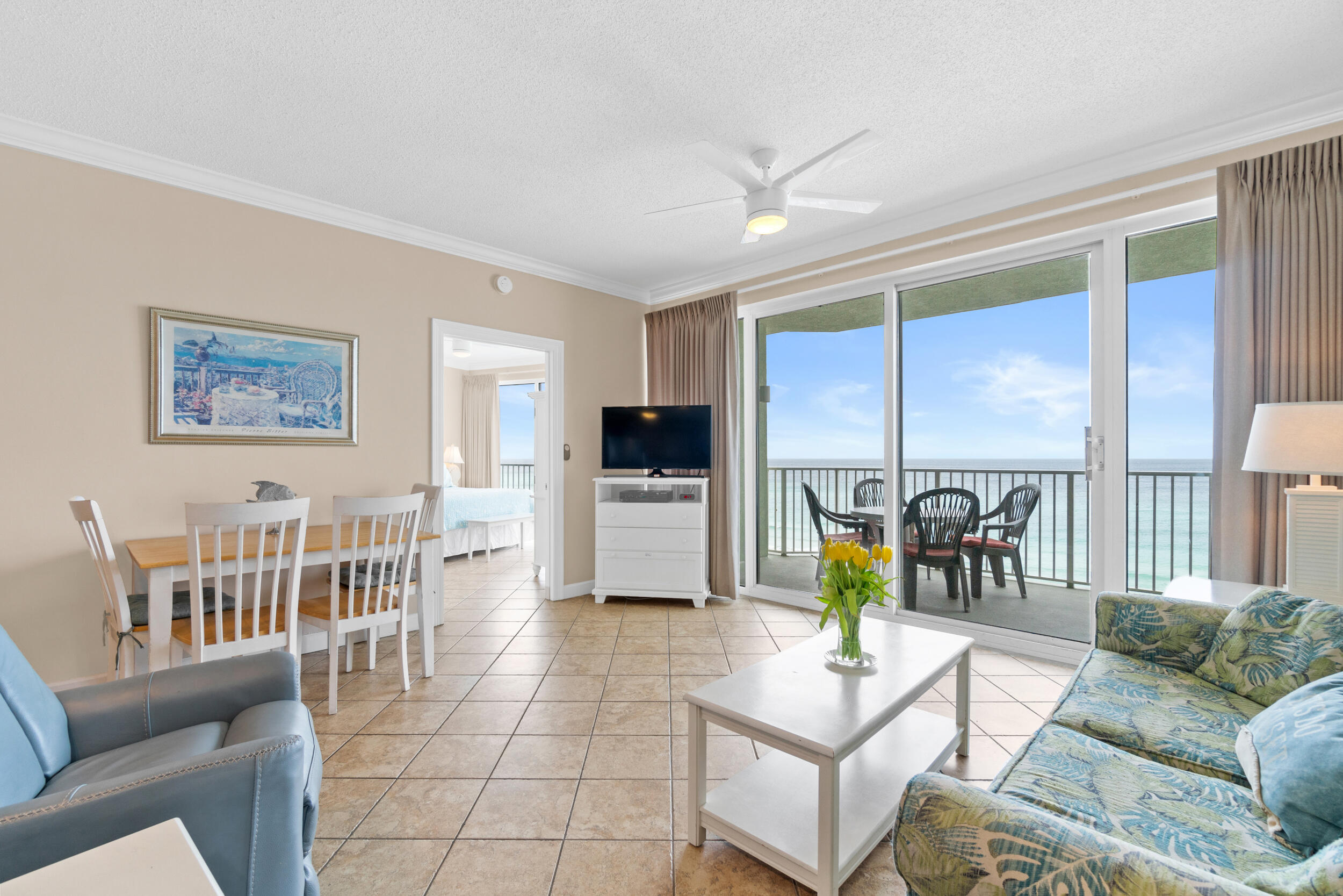 CENTER STACK 2BR/2BA ON THE 7TH FLOOR. PERFECT ELEVATION – NOT TOO HIGH AND NOT TOO LOW! This one-of-a-kind and rarely available property conjures up images of sun-splashed days of swimming, biking, and relaxing. The 1152sqft 2Bed/2Bath floorplan is super-efficient and lives like a beach house but comes with all the benefits of owning a condo. Ceramic tile throughout and conveys fully furnished with window treatments and artwork. Boardwalk 703 invites you to lie back, relax, and enjoy panoramic views of the pool, beach, and ocean. Open floorplan and floor to ceiling windows allow for fabulous Gulf and sunset views from the unit's unique, oversized balcony, living room, dining room, kitchen, & master suite, providing the ultimate alfresco living and entertaining environment!