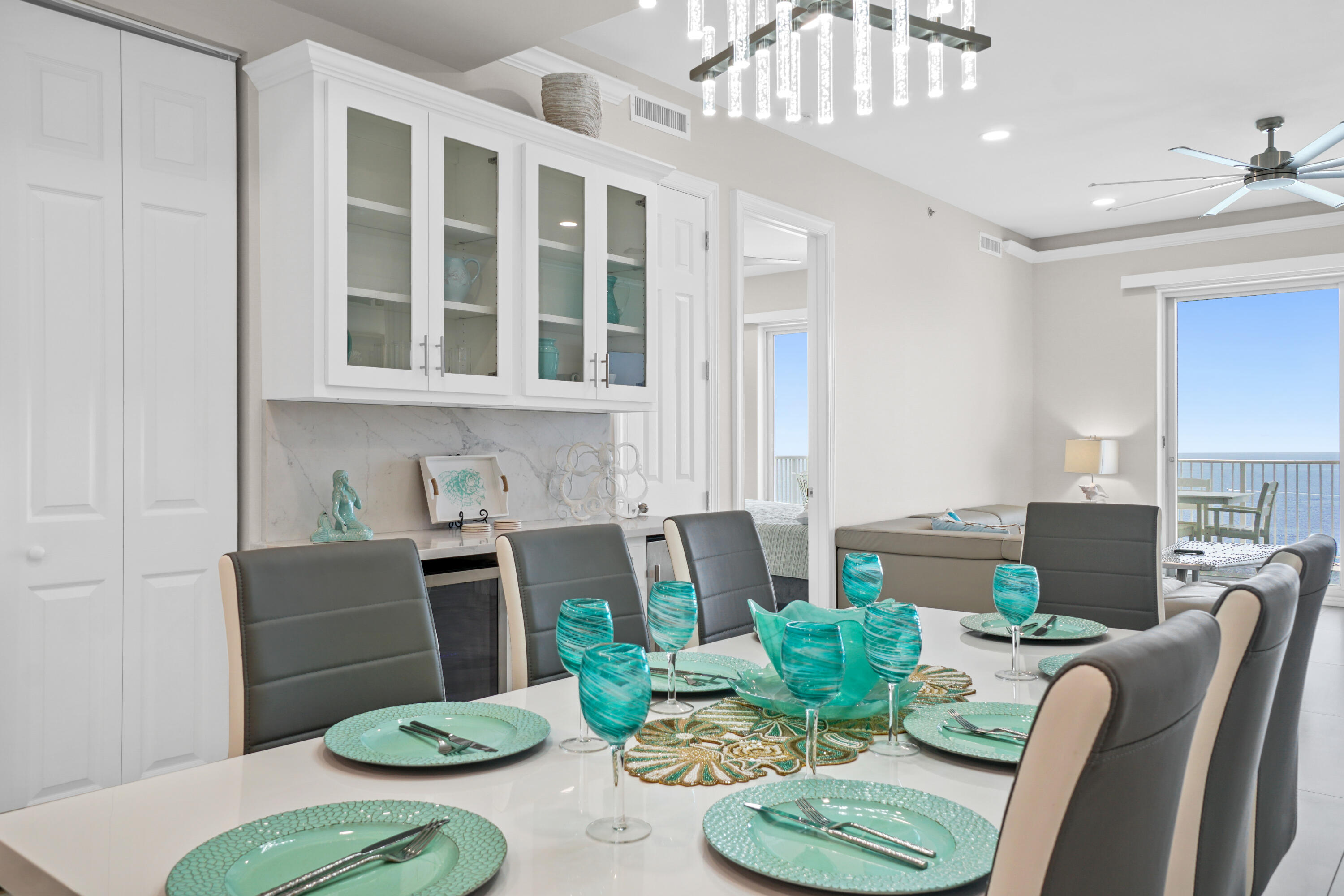 You need to see this one in person as you won't find anything like it in Panama City Beach! Gorgeous new updates throughout this unit to include a fully upgraded kitchen, bathrooms, and 24'' x 48'' porcelain tile floors throughout. 10' ceilings along with recessed lighting, custom bunk beds for 4, and motorized shades add functional elegance to your experience. All of the bedrooms come complete with their own bathroom and the two master bedrooms have breathtaking gulf front views with balcony access. The 450 square foot balcony is one of the largest anywhere with dimensions of 12' x 37' and comes with new Polywood furniture to complete your outdoor coastal experience. This would make a lovely primary home, vacation home, or would also serve well a short term vacation rental. The building has also been refreshed to include a new roof and exterior paint with new elevators and landscaping currently underway. This well appointed penthouse comes fully furnished and is ready to welcome its new owners.