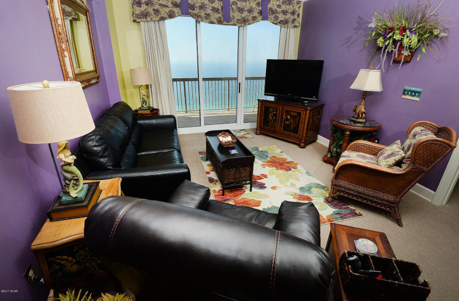 ONE OF THE BEST 1BR FLOORPLANS ON THE BEACH! PENTHOUSE! Located in Sunrise Beach Condominium in Panama City Beach, this 1Bed/2Bath+Bunk has it all! Perfectly decorated in a beachy chic theme with many upgrades including granite counters in the kitchen. MASTER ON THE GULF and Living room on the gulf. The Bunkroom is huge, and has a door and a window, not just a bump-out in the hallway. These 1bd's have bigger balconies than the 2bds. FULLY FURNISHED and RENTAL READY. Sunrise has two pools and two hot tubs. One of the outdoor pools is heated in the winter, so you can swim year round. FOUR HIGH-SPEED ELEVATORS serve 221 condos which is one of the best ratio of elevator/condo on the beach
