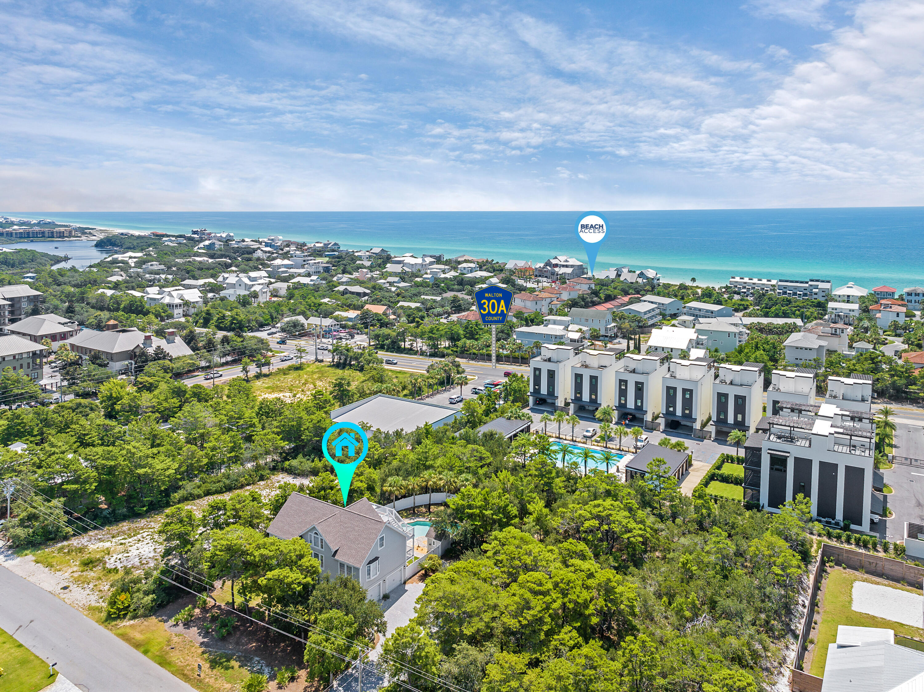 Set on a half-acre lot, at one of the highest elevations on Scenic 30A, this Gulfview home has so many unique features and wonderful offerings. With two full kitchens and three living spaces—one on each floor—the home is designed to host large groups and offer maximal privacy. Expansive decks provide vistas of the Gulf and the private pool sanctuary with waterfall feature out back. A two-car garage with golf cart and supersized parking area allows for boat and RV parking. Rental projections are $100K+. There are numerous updates to this home, including a new roof in 2021, Trex decking, interior flooring, kitchen appliances, and two full bathroom remodels. There is no HOA. No HOA fees or added restrictions means freedom of ownership and opportunity for creative growth and expansion. This is one of those rare 30A properties proximate to Blue Mountain Beach dining, shopping and the Gulf of Mexico that functions as an escape from the crowds, even during the busiest times of the year. When you reach home, you can breathe easy in space and solitude.

The home's lower level may be used as a separate one-bedroom, guest quarters with complete modern kitchen and full bathroom and may be locked out from the upstairs living. Ask your agent for a private showing and for vacation rental projections to help increase your investment potential.

77 Rolling Dunes Drive is approximately .3 Miles to the powder white sands located at the Blue Mountain Beach Regional Beach Access.

Walton County Topographical Map shows elevation at approximately 53 feet.

All information is deemed reliable but should be verified by buyer. All measurements are approximate.