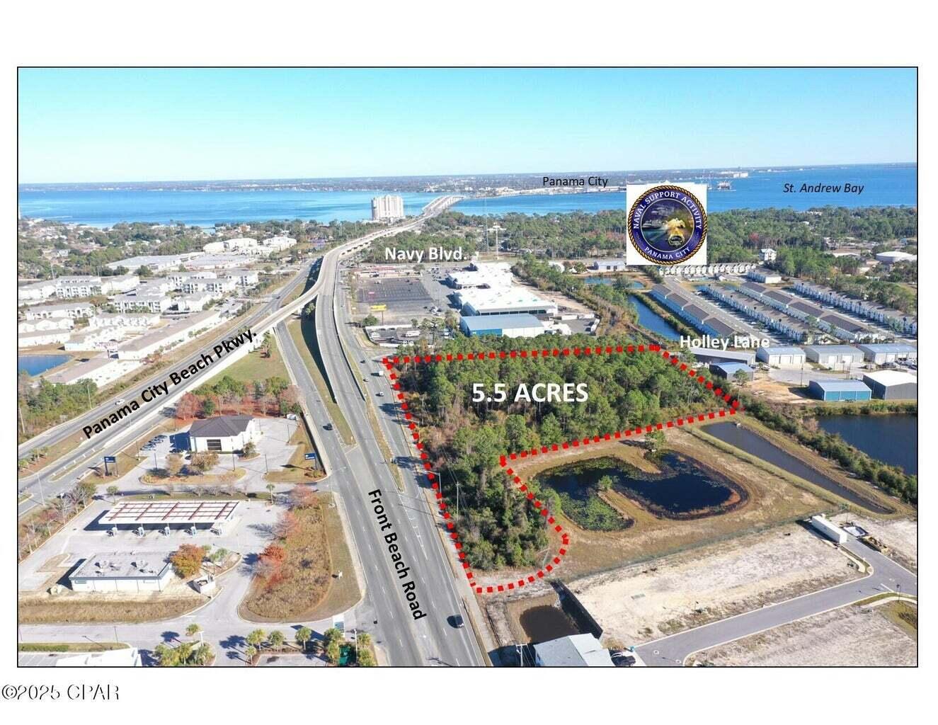 Large 5.5 Acre commercial property located at the southwest corner of Front Beach Road and Holley Lane, at the east-end of Panama City Beach near the on-ramp to the Hathaway Bridge. Zoned C-3, General Commercial within unincorporated Bay County. Approximately 3.5 acres of the property is wetlands that will have to be permitted. The site will require wetlands permitting, clearing, and fill dirt. We have attached the seller's conceptual site plans that include 50,000 square feet of warehouse and office space. The survey is also attached.