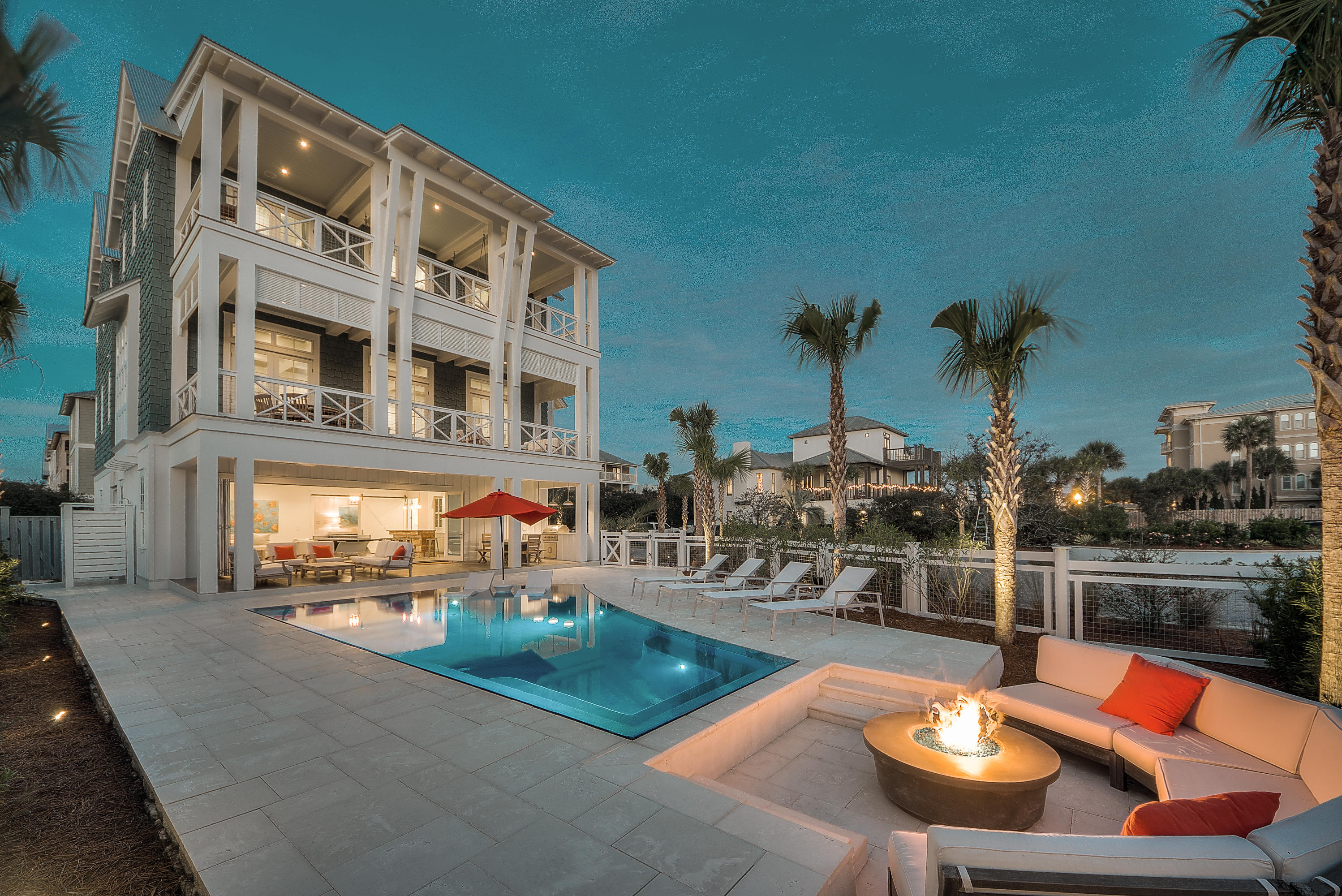 ''Sea Star'' boasts a prominent, south of 30A east end location, just one tier from the Gulf, within the gated community of Sandy Shores. An exclusive community of just nine residences, Sandy Shores is ideally situated directly adjacent to Paradise By The Sea, less than one mile to both Alys Beach & Rosemary Beach. Designed by renowned architect Geoff Chick, the 8 bedroom residence was just completed in July 2015 & built by Envision Group Builders. Boasting 5,310 square feet of conditioned space & 1,914 square feet of additional covered space, focusing on exceptional exterior spaces that marry outdoors with indoors. With precise attention to detail in designing the ultimate beach house, Sea Star will exceed $300,000 in rental income in its first year, trending to produce +$350,000. See attached rental documents.  Nano doors fully extend to allow the lower level great room to open to the Gulf-front pool deck, an impressive outdoor living area featuring a 341 square foot rim overflow pool, summer kitchen with gas grill and custom sunken fire pit lounge area. Upon entering the home, the lower level houses a great room, used as a media/game room, with morning kitchen. A bunkroom with en suite bath, an additional half bath, and a large laundry and utility room are all also on the lower level. Mounting to the second level, the main living area features a large open plan with kitchen, dining, breakfast seating, and living all open, ample windows and french doors conveying bright light and Gulf views.  The french doors extend the width of the home, opening to the Gulf-front decks, a stunning coastal design.  Two spacious guest suites and a bunkroom are also on north side of the second level.  The third level presents the master suite, two additional guest suites and an additional bunkroom, a Gulf-front den, and an office.  The Gulf-front master opens to the deep decks with comfortable porch swings.  The large en suite master bath is quite extraordinary, with a walk-in shower and free-standing tub, also opening to the Gulf-front deck and enjoying views. Discover 98 Sandy Shores Court on 30A's east end.